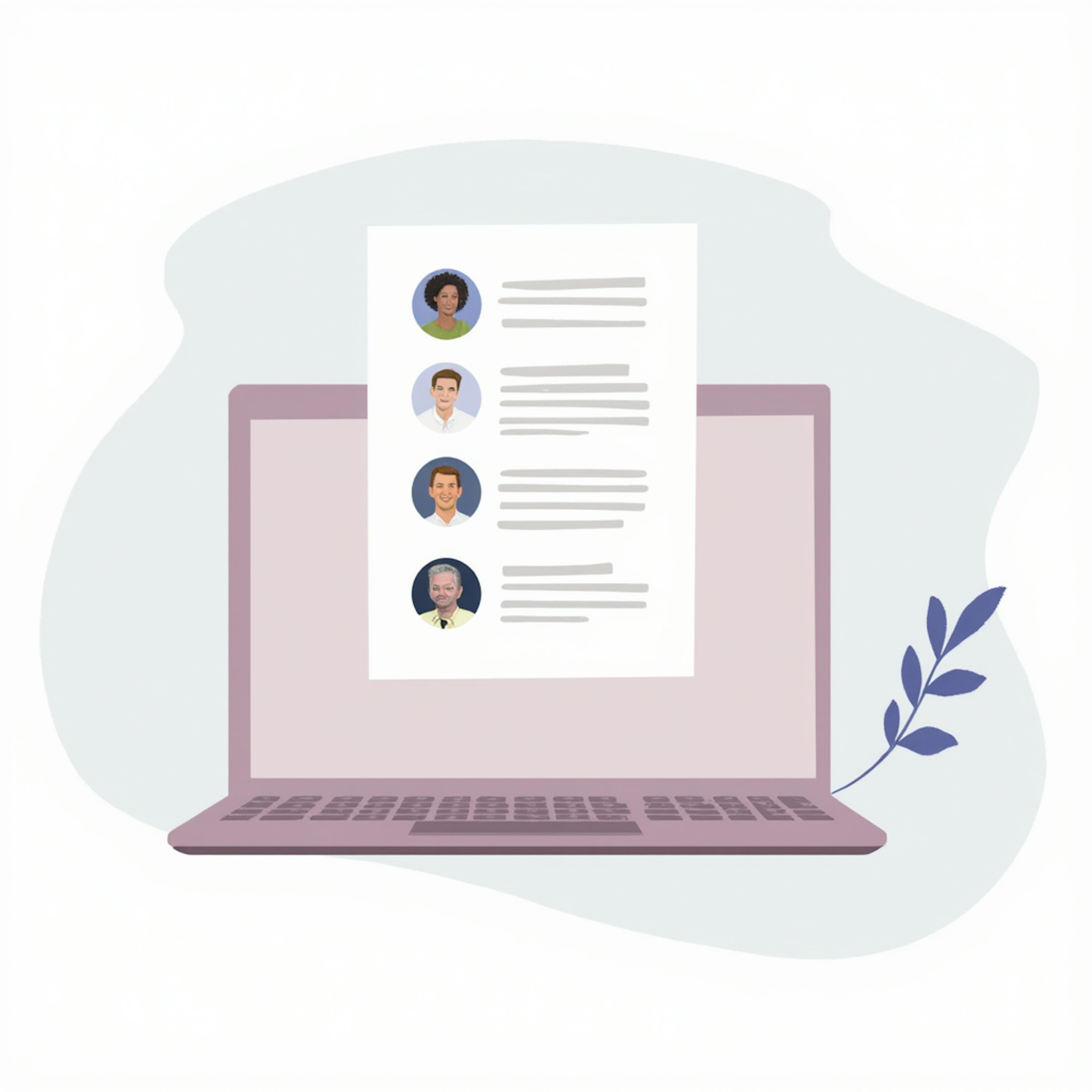 A sleek digital illustration of a laptop with a floating document displaying user profile icons and text. The minimalistic design and clean interface represent "modern iconography UI 2025," where intuitive and visually appealing icons enhance user experience and profile navigation.