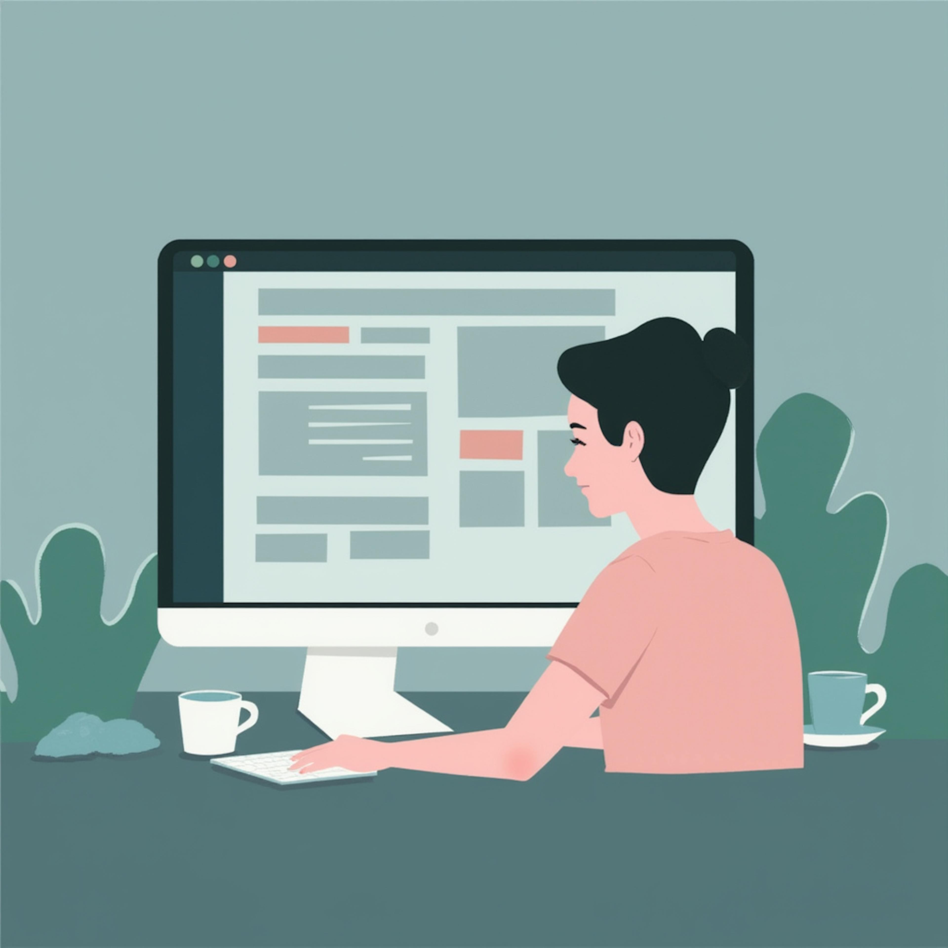 A sophisticated digital illustration of a woman working on a large desktop monitor, displaying an organized website layout with structured content blocks. The muted color palette and seamless UI elements embody "modern iconography UI 2025," showcasing how design trends emphasize clarity, usability, and aesthetic appeal.