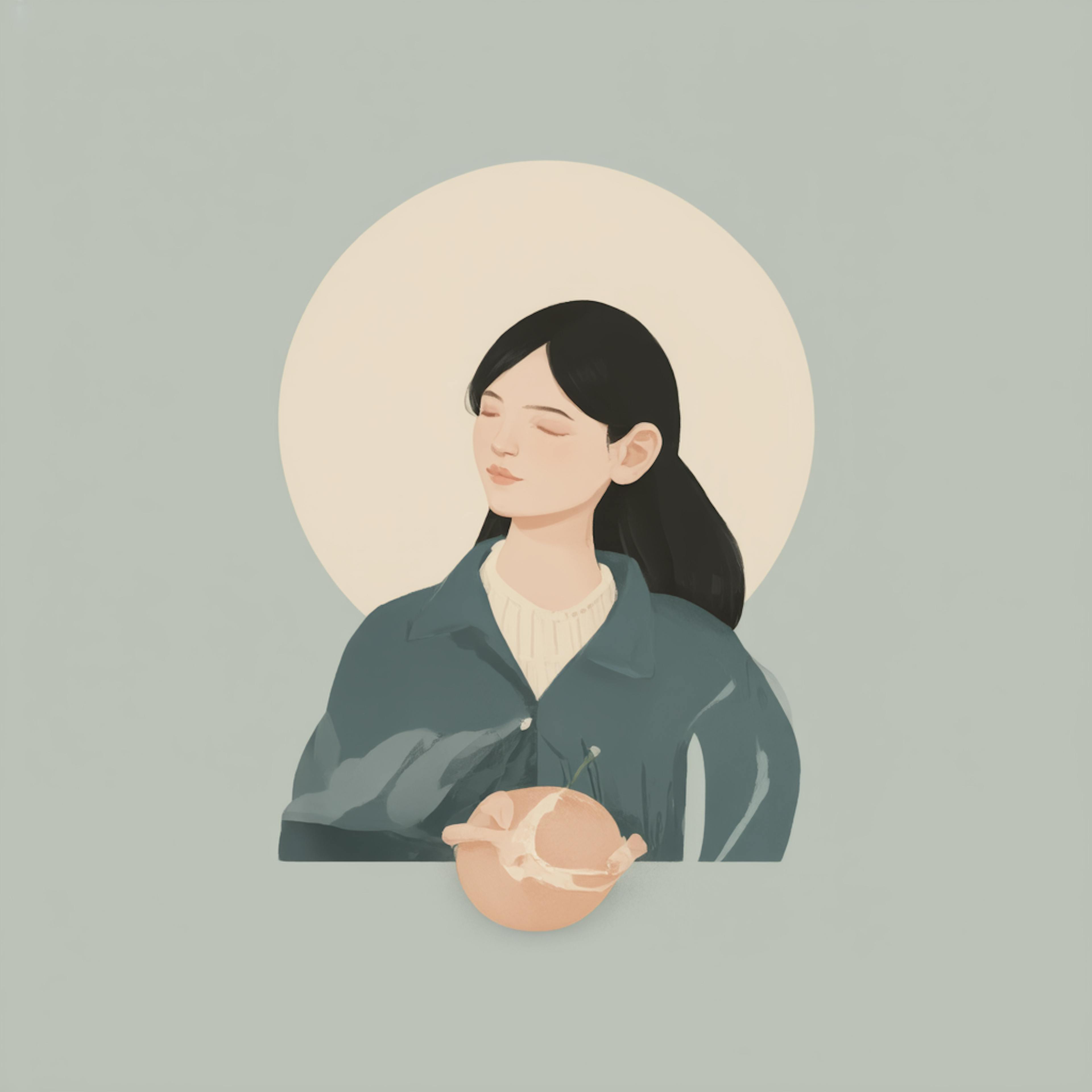 A serene digital illustration of a woman with her eyes closed, holding an orange with a delicate plant sprouting from it. The soft muted tones and circular framing evoke a sense of renewal and organic growth, representing "rebranding examples" where brands shift towards natural, sustainable, and human-centered identities.