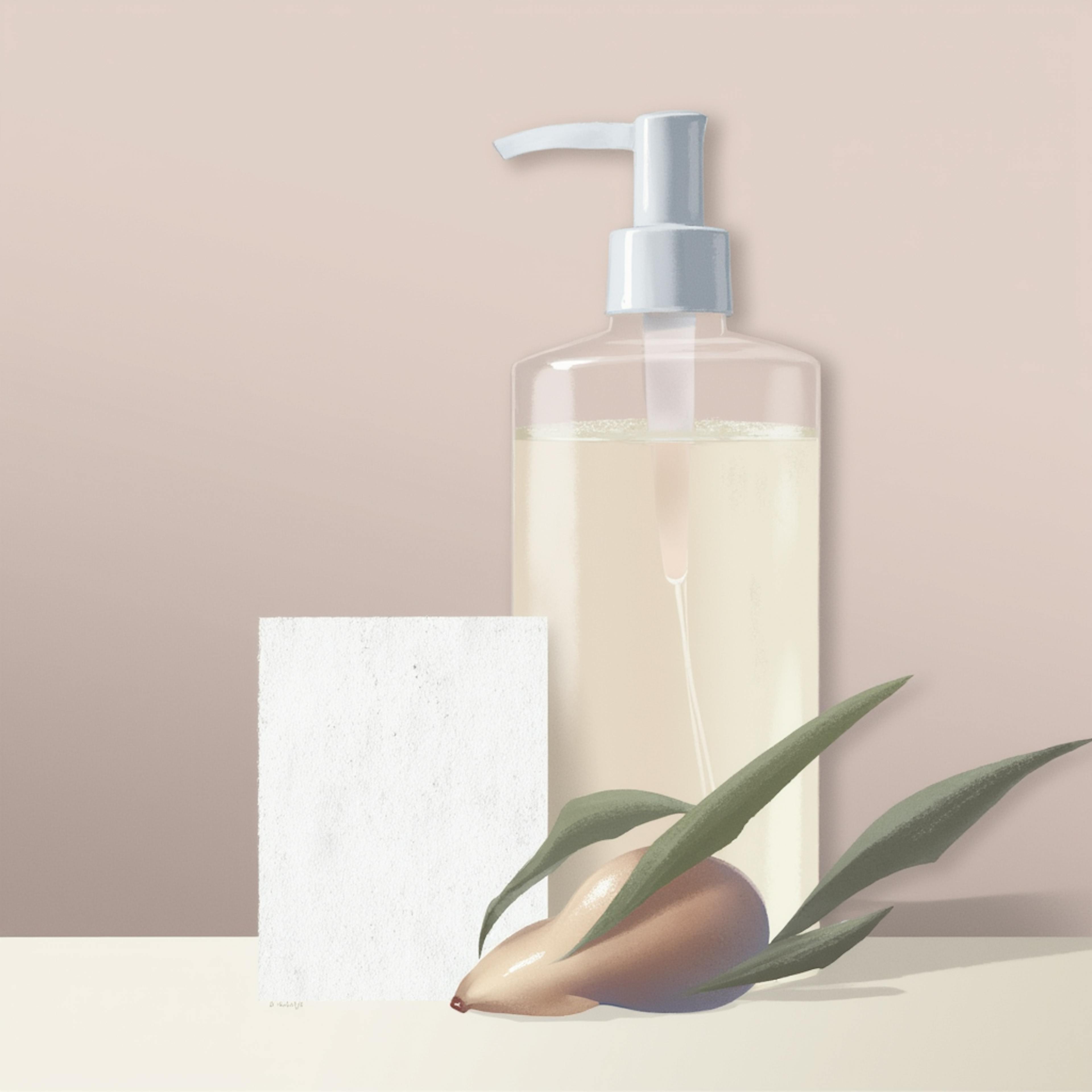 A minimalist product shot of a transparent pump bottle with a natural oil, placed next to an elegant blank card and a fresh olive branch. The neutral and refined aesthetic suggests "rebranding examples" of beauty or wellness brands transitioning to clean, eco-friendly, and minimalist designs to appeal to modern consumers.