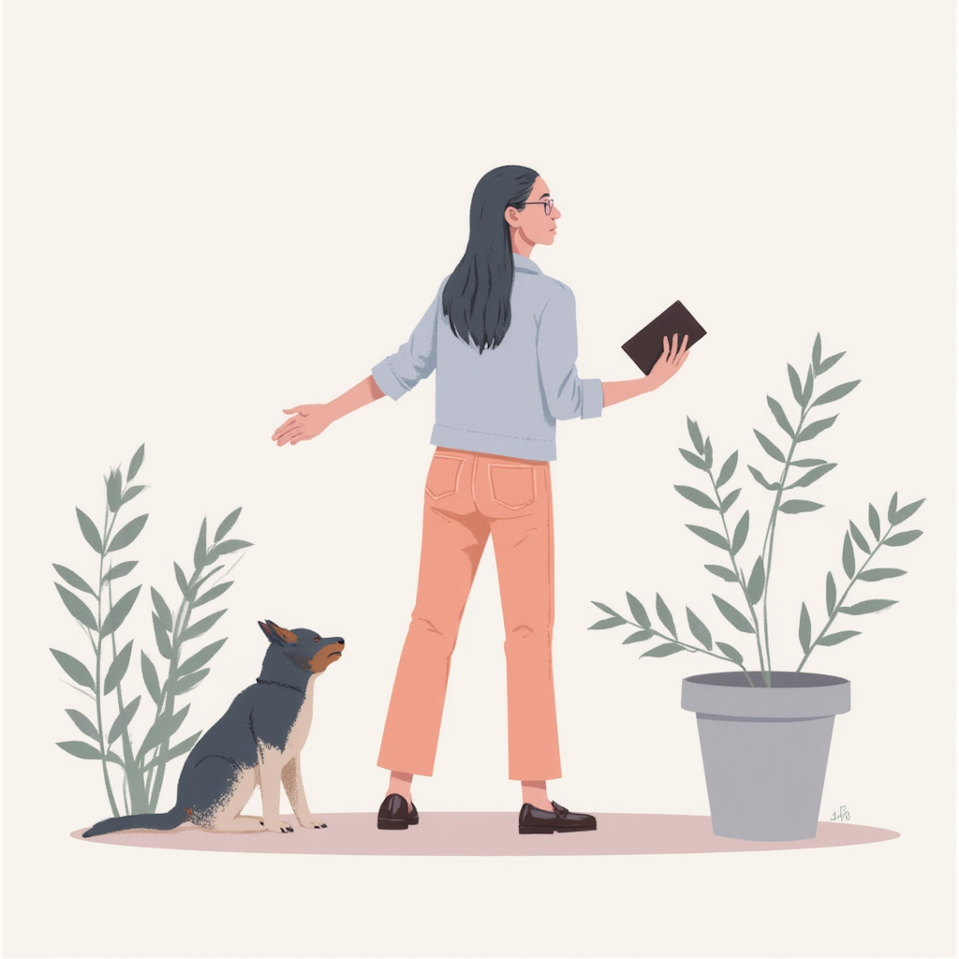 A stylized digital illustration of a woman in casual attire holding a book while gesturing, with a dog sitting beside her and potted plants around. This image symbolizes creativity and strategy, key elements in digital marketing trends 2025, where storytelling and audience engagement play a crucial role in brand success.