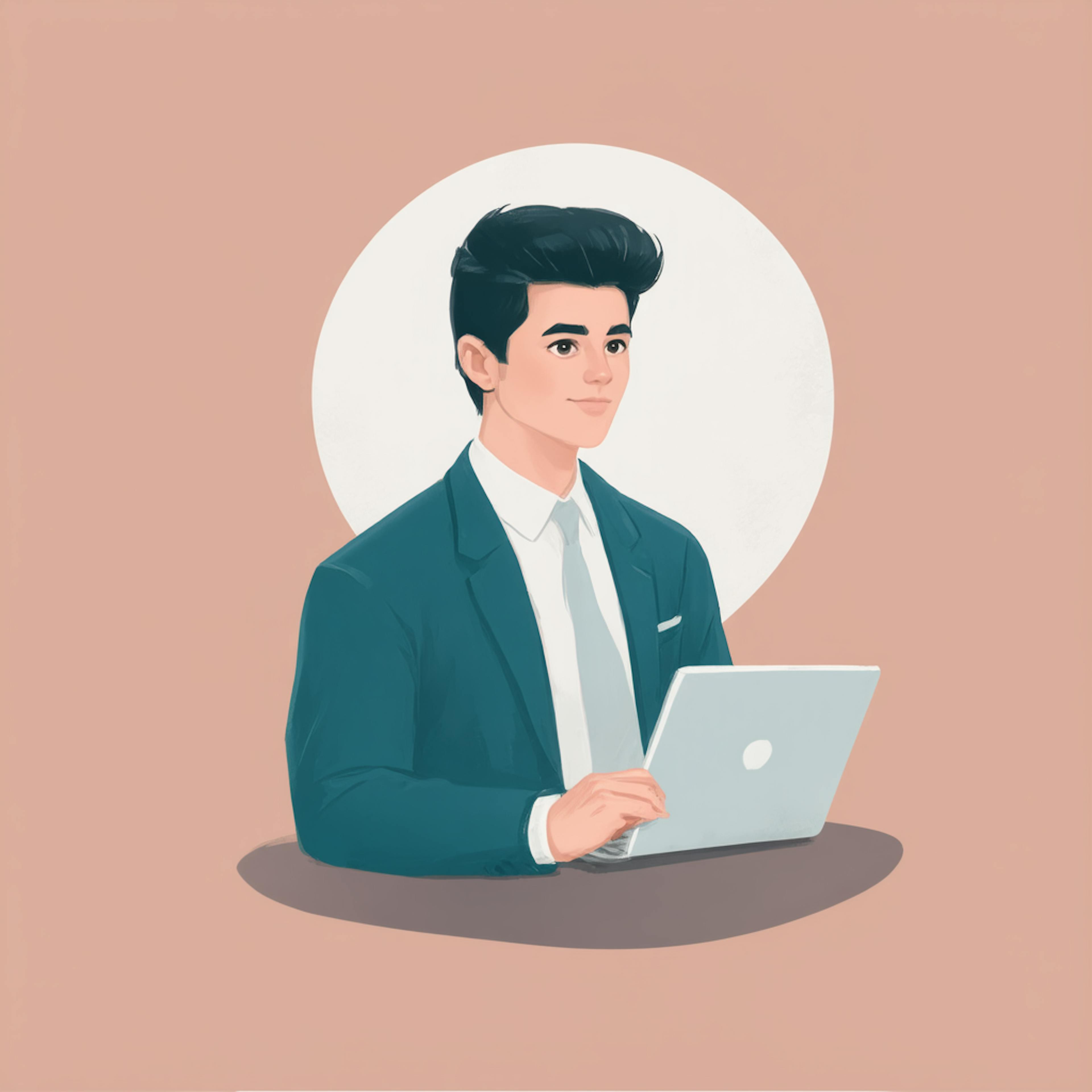 A modern digital illustration of a young businessman in a suit, confidently working on a laptop against a minimalist background. This visual represents professionalism and the evolving landscape of digital marketing trends 2025, emphasizing AI-driven strategies, data analytics, and innovative content marketing.