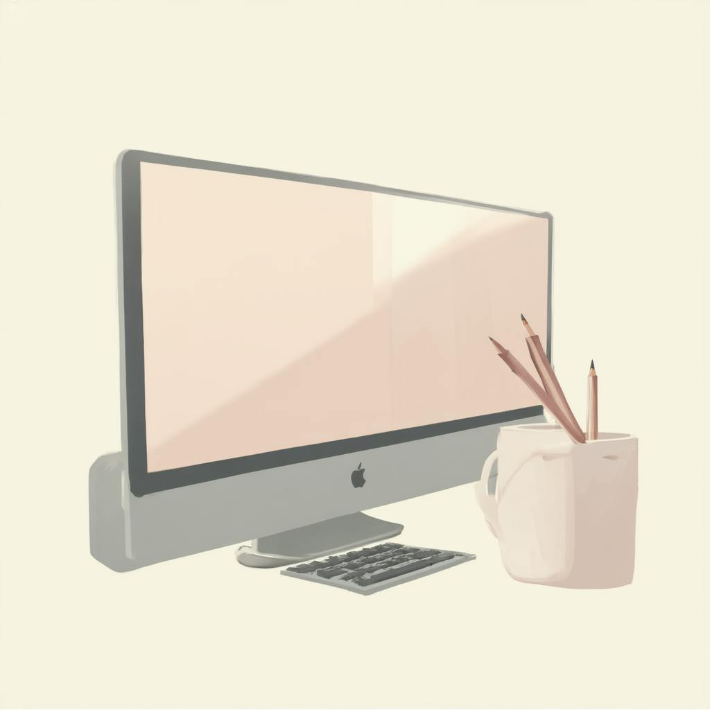A minimalist digital illustration of a desktop setup featuring a large computer monitor, a keyboard, and a mug filled with pencils. This workspace reflects simplicity and focus, essential elements for an efficient design process tips approach, emphasizing organization and clarity in creative workflows.