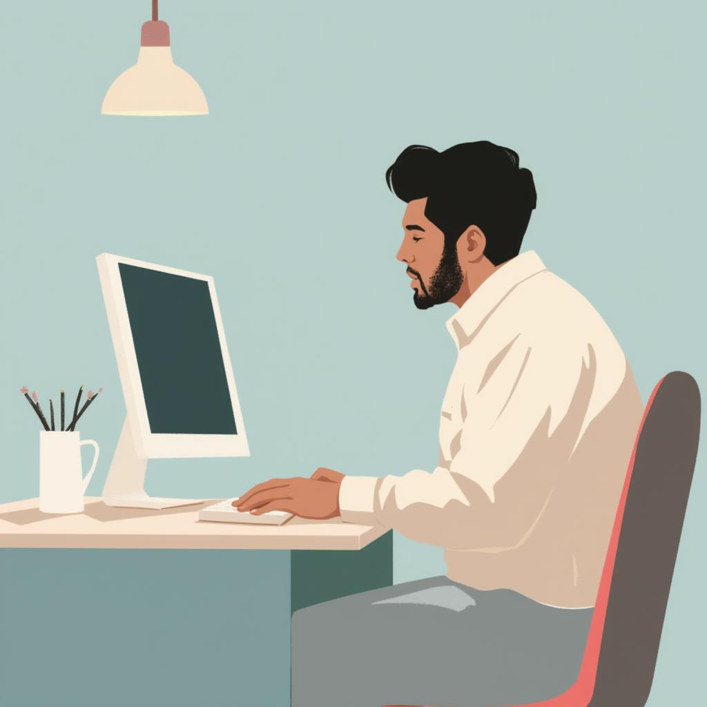 A clean digital illustration of a man in a white shirt attentively working on a desktop computer in a structured workspace. His focus reflects the importance of design process tips such as maintaining consistency, refining details, and staying disciplined in creative work.