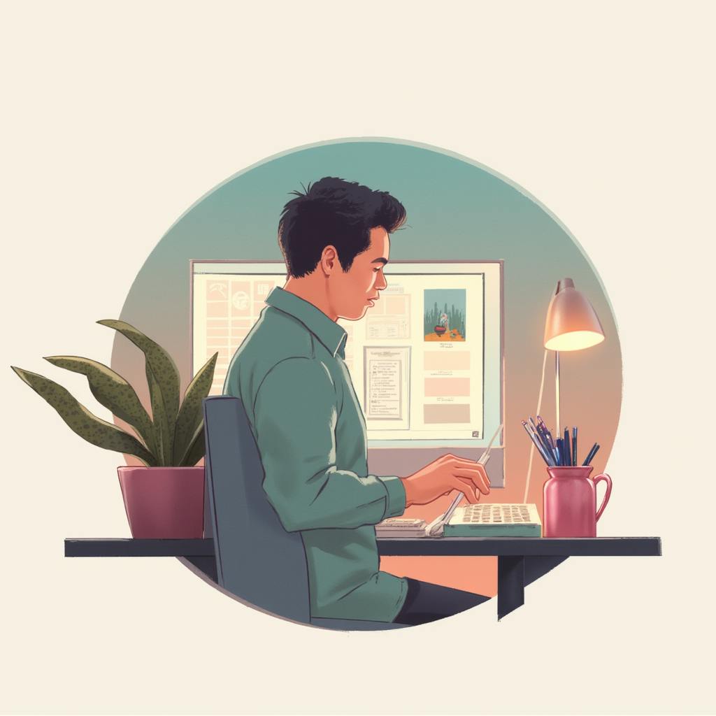 A stylized digital illustration of a designer working at a modern desk with a laptop, surrounded by plants, stationery, and a warm desk lamp. This image represents productivity and creative inspiration, aligning with design process tips that encourage a well-organized and motivating workspace.