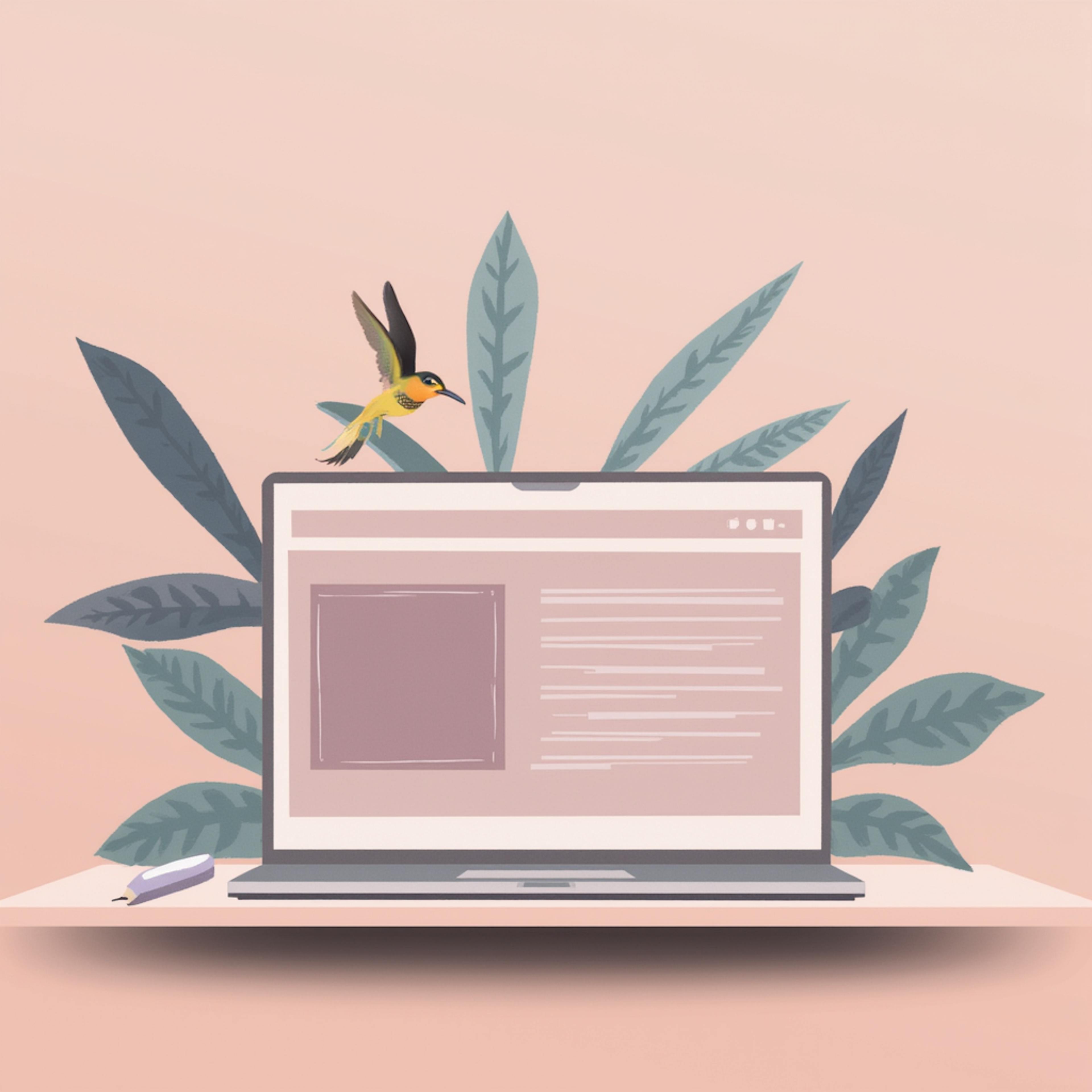 A soft-toned digital illustration of a laptop placed on a desk, surrounded by lush green leaves. A small bird hovers above the laptop screen, which showcases a design brief with text and a content layout, symbolizing inspiration, creativity, and digital workspace aesthetics.