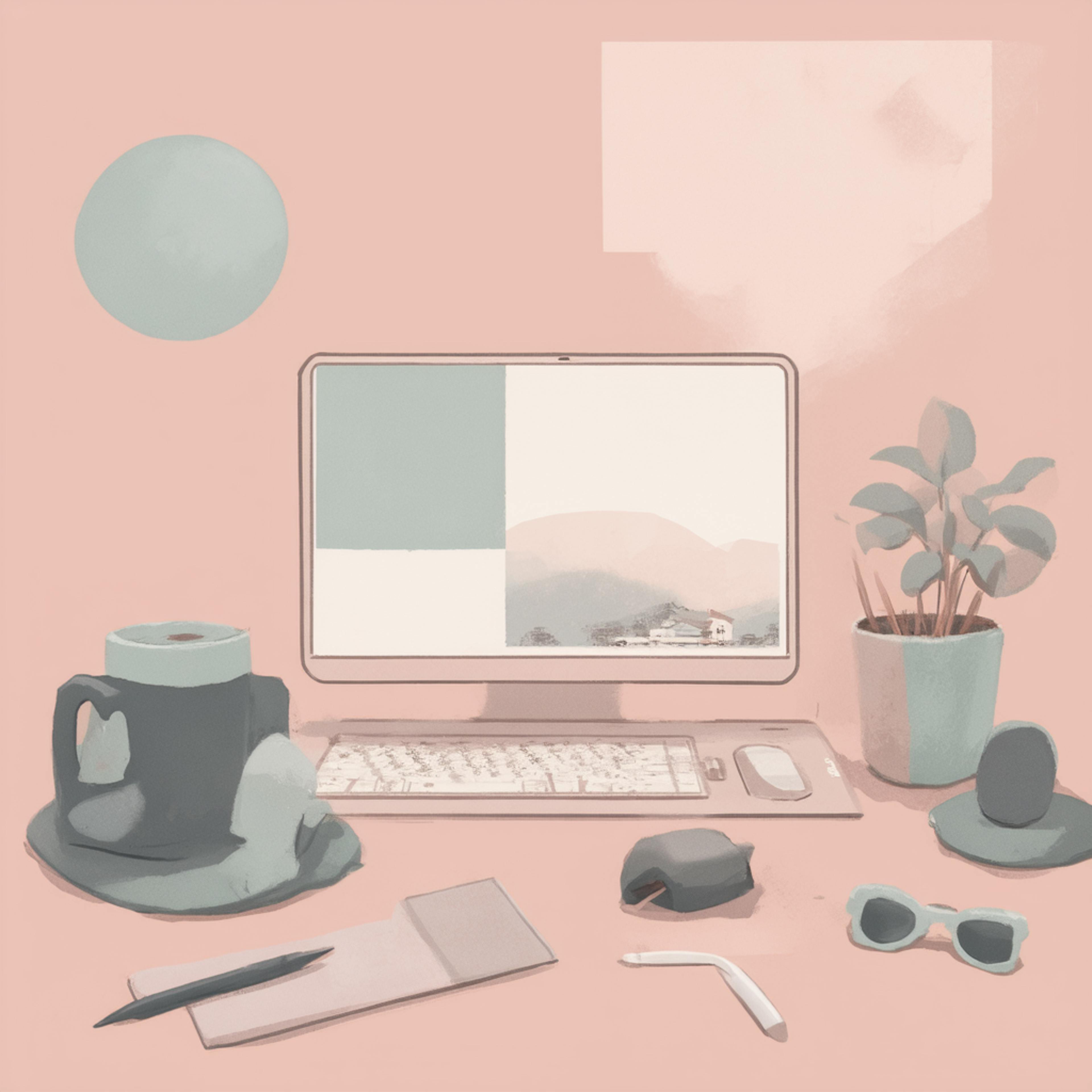 A stylized digital illustration of a workspace with a pastel pink and teal color scheme. A computer screen displays a split layout with a design brief, surrounded by office items like a notepad, pen, sunglasses, a coffee mug, and a potted plant, evoking a creative and organized design process.