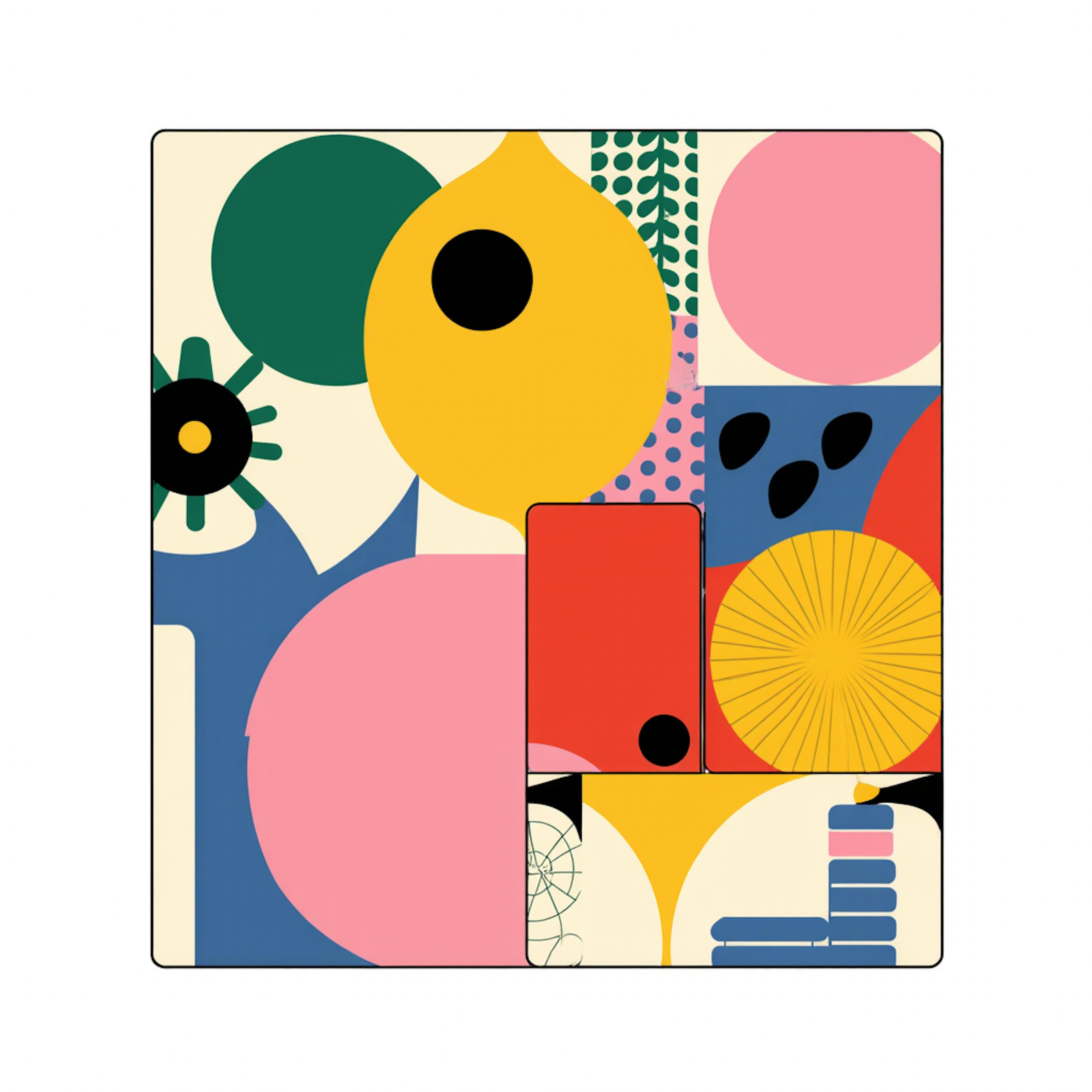 A bold, abstract composition featuring overlapping geometric shapes in vibrant primary and secondary colors, including yellow, red, green, and blue. The interplay of shapes and colors visually represents the Definition of Color Theory, demonstrating harmony, contrast, and balance in design.