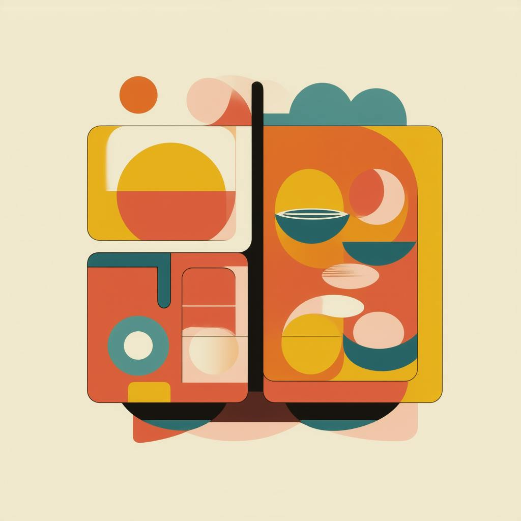 A structured, abstract illustration composed of warm hues like orange, yellow, and deep teal, forming a modern, layered design. The image conveys depth and balance, showcasing the Definition of Color Theory through complementary color relationships and spatial arrangement.