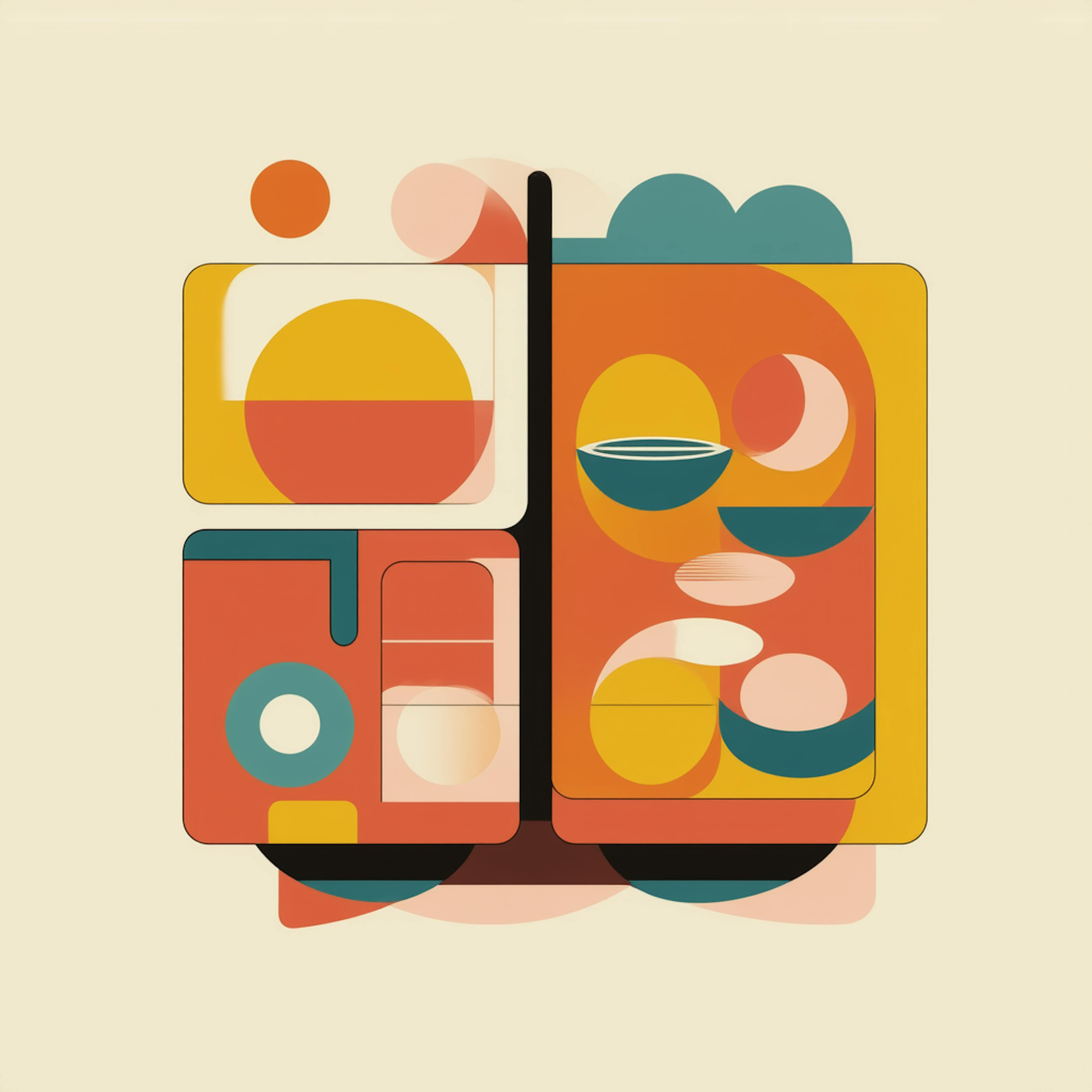 A structured, abstract illustration composed of warm hues like orange, yellow, and deep teal, forming a modern, layered design. The image conveys depth and balance, showcasing the Definition of Color Theory through complementary color relationships and spatial arrangement.