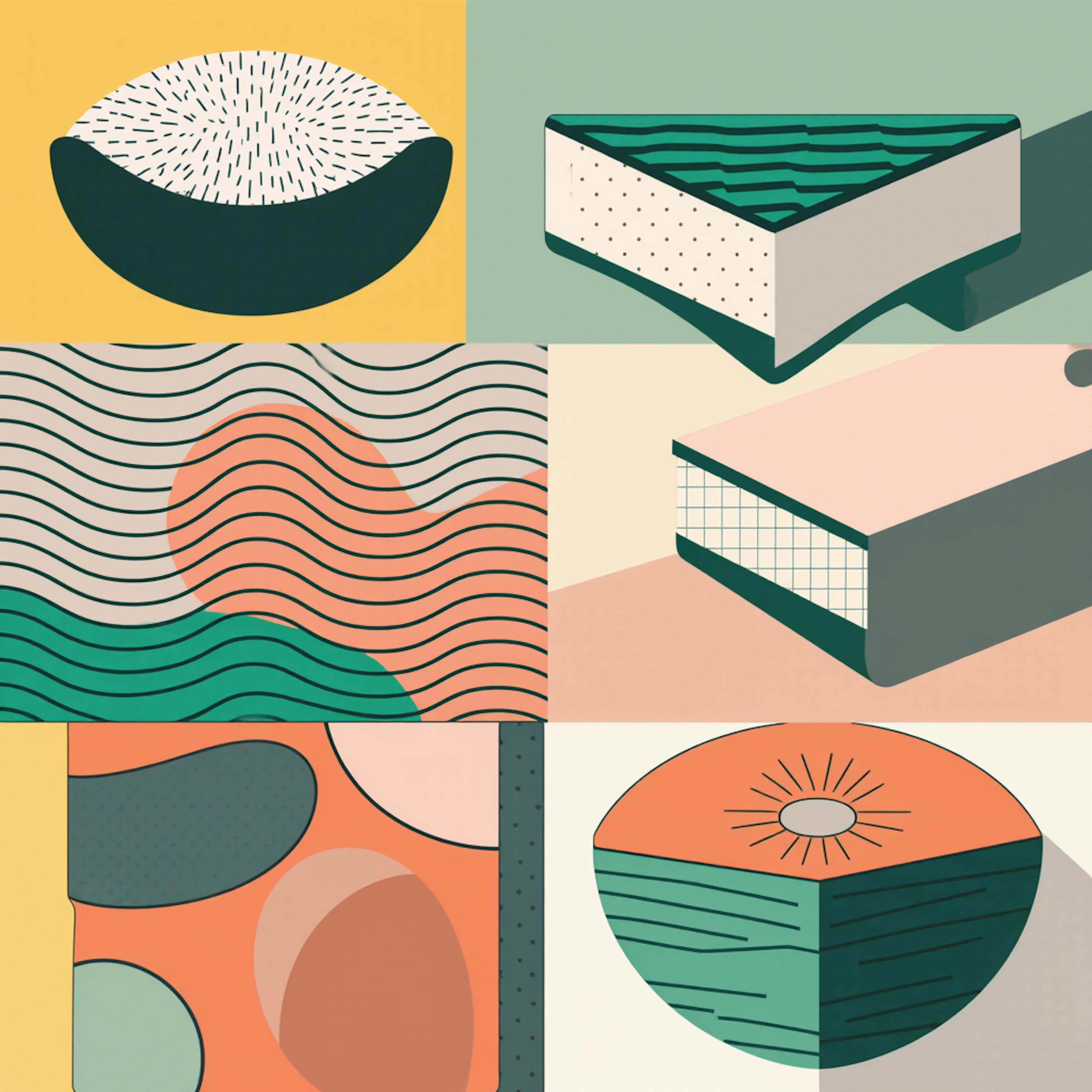 A collage-style composition incorporating wavy textures, geometric forms, and organic patterns in muted green, peach, and yellow tones. Various shading techniques and contrasting elements illustrate the Definition of Color Theory, emphasizing color contrast, texture, and visual impact.