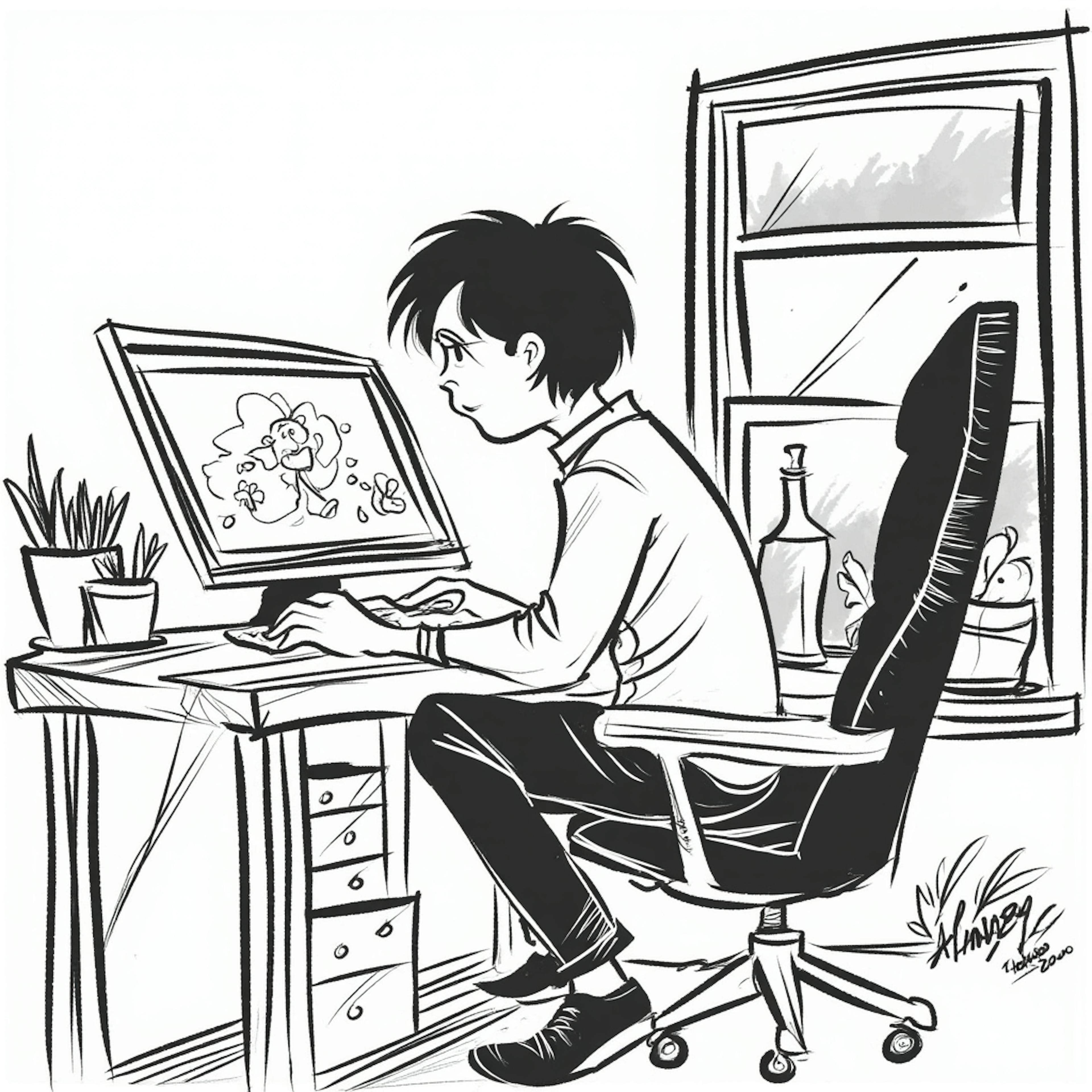 A black-and-white hand-drawn illustration of a designer happily working at a computer in a cozy, plant-filled workspace. The computer screen displays an artistic design, representing the custom design benefits of personalization, artistic freedom, and an engaging work environment.