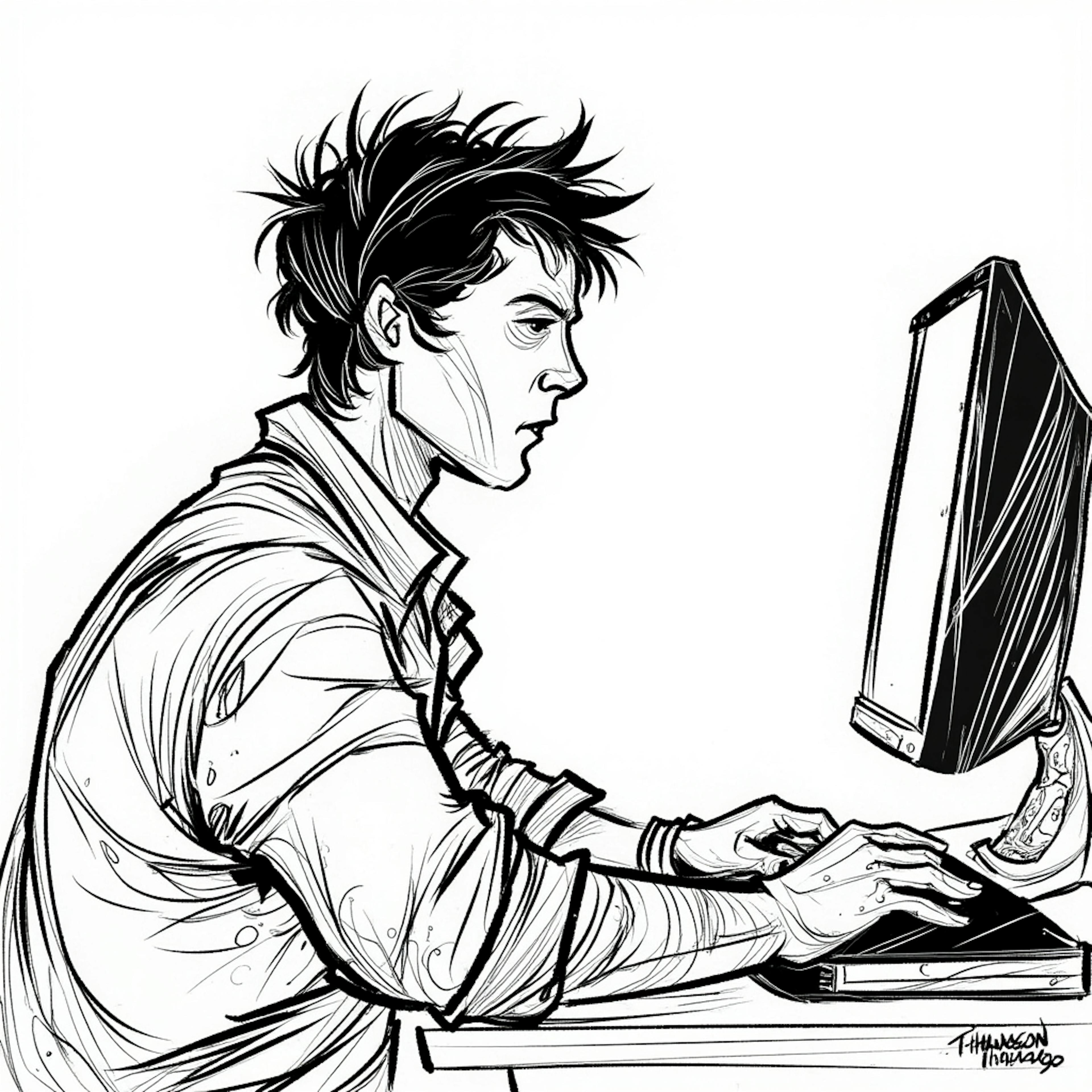 A detailed black-and-white sketch of a focused designer working on a computer, typing intently with a determined expression. The illustration conveys the custom design benefits of precision, control, and the power to create unique, tailored solutions.