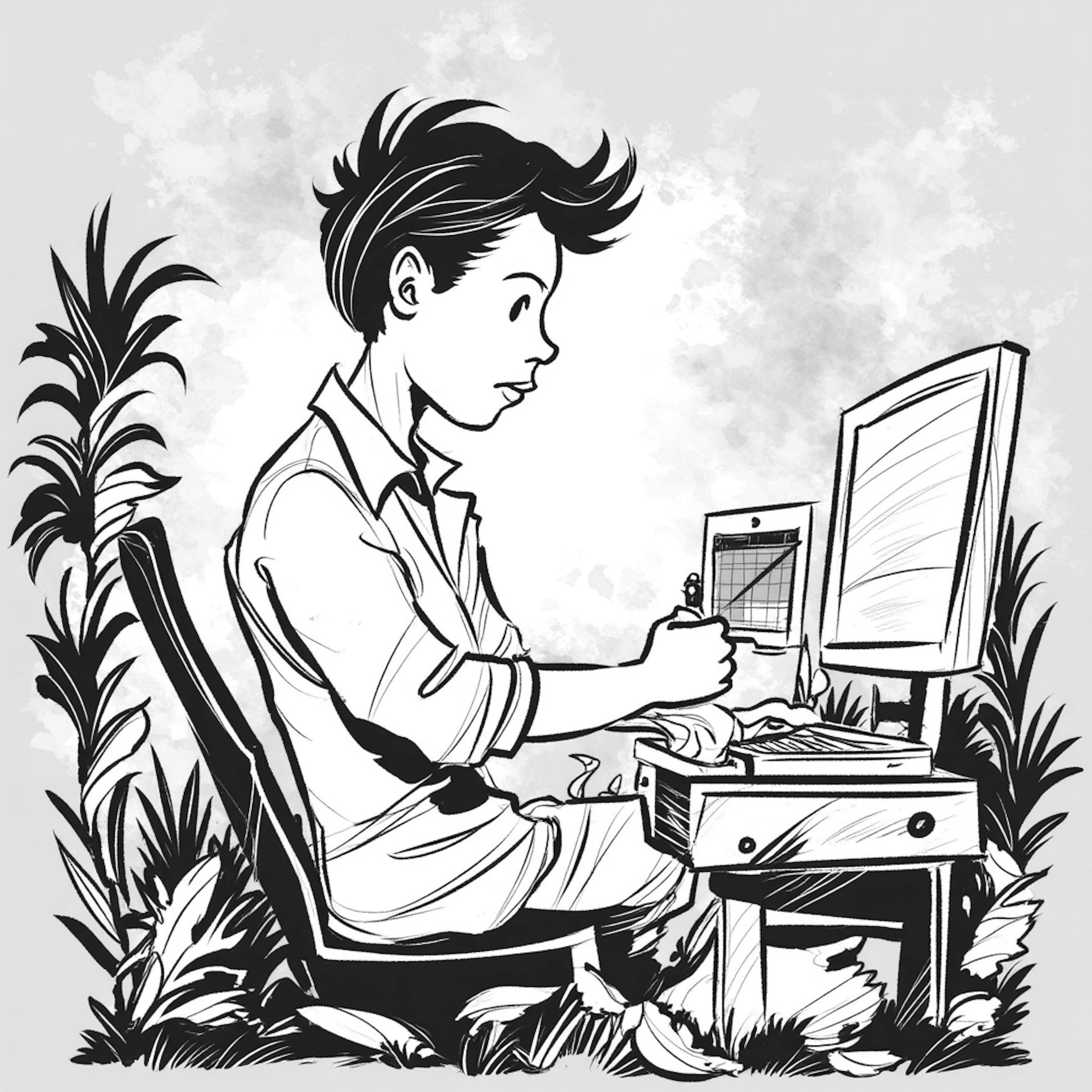 A black-and-white ink-style illustration of a young person sitting at a rustic desk outdoors, surrounded by plants, as they work on a custom design project on their computer. The scene highlights the custom design benefits of flexibility, creativity, and the ability to work from anywhere.