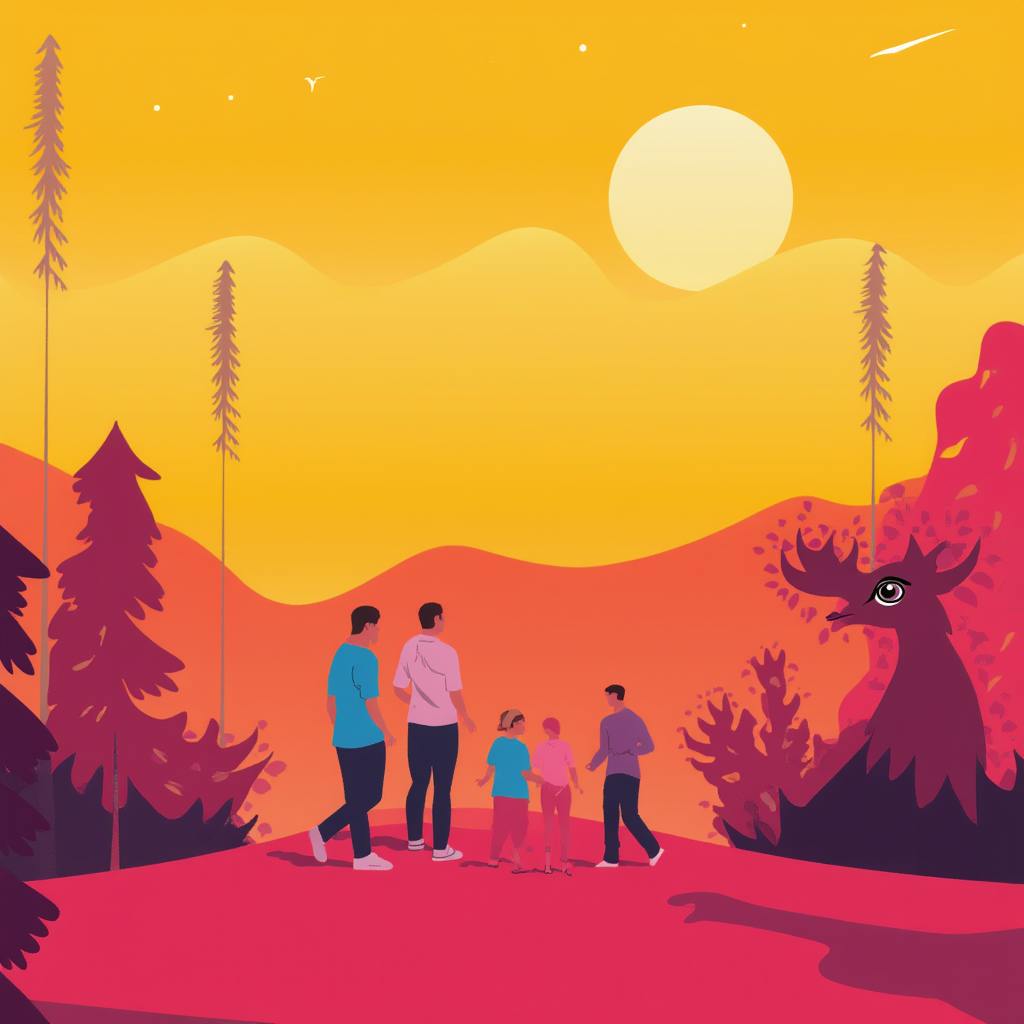 A vibrant digital illustration of a group of people walking through a surreal, colorful landscape at sunset, with a stylized moose watching them from the side. The warm, gradient hues and whimsical setting symbolize the essence of creative culture, where imagination and storytelling shape human connection.