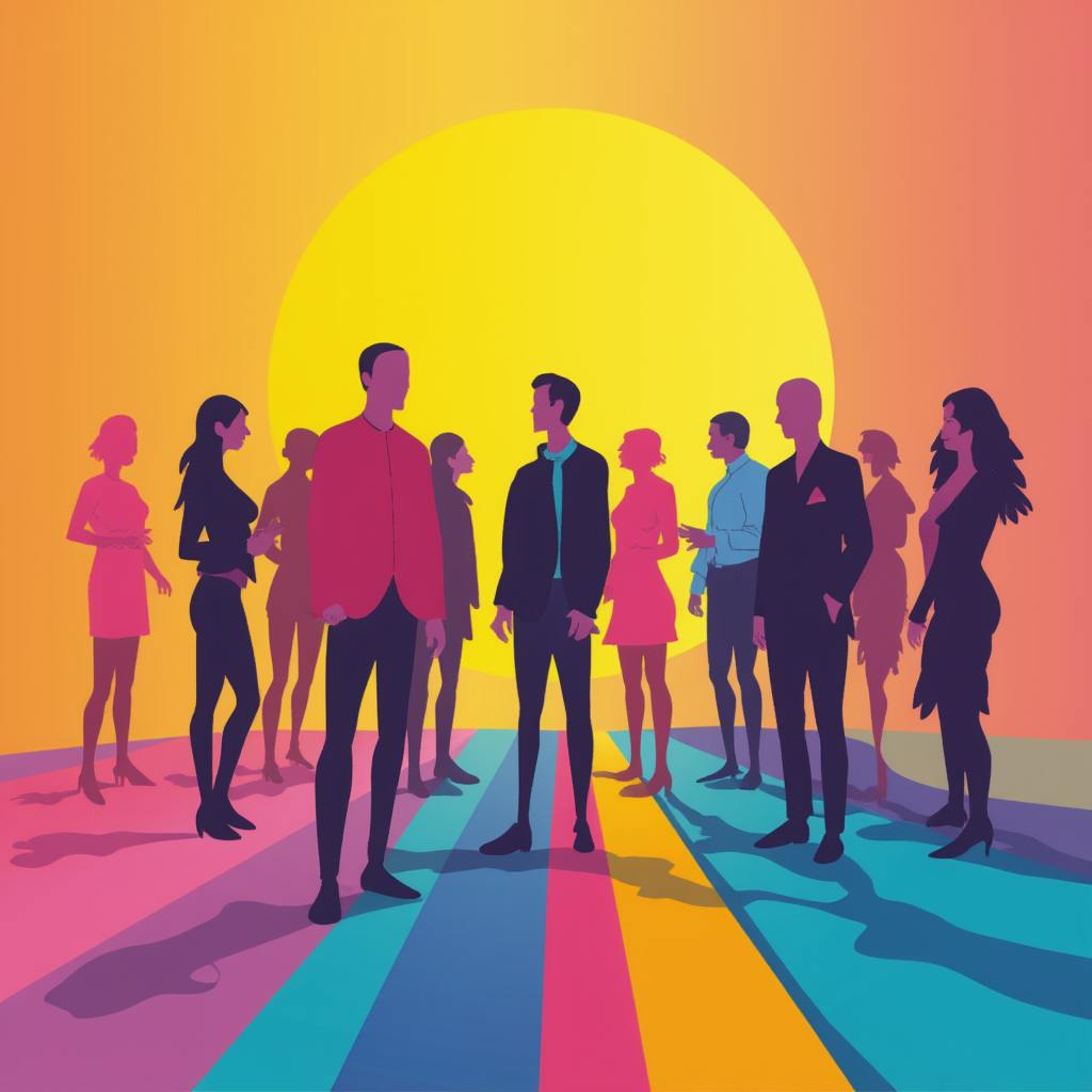 A sophisticated digital artwork depicting elegantly dressed individuals in a lively gathering, illuminated by a massive glowing sun in the background. The striking blend of vibrant hues and stylish compositions showcases creative culture, reflecting artistic innovation, networking, and the fusion of fashion and creativity.