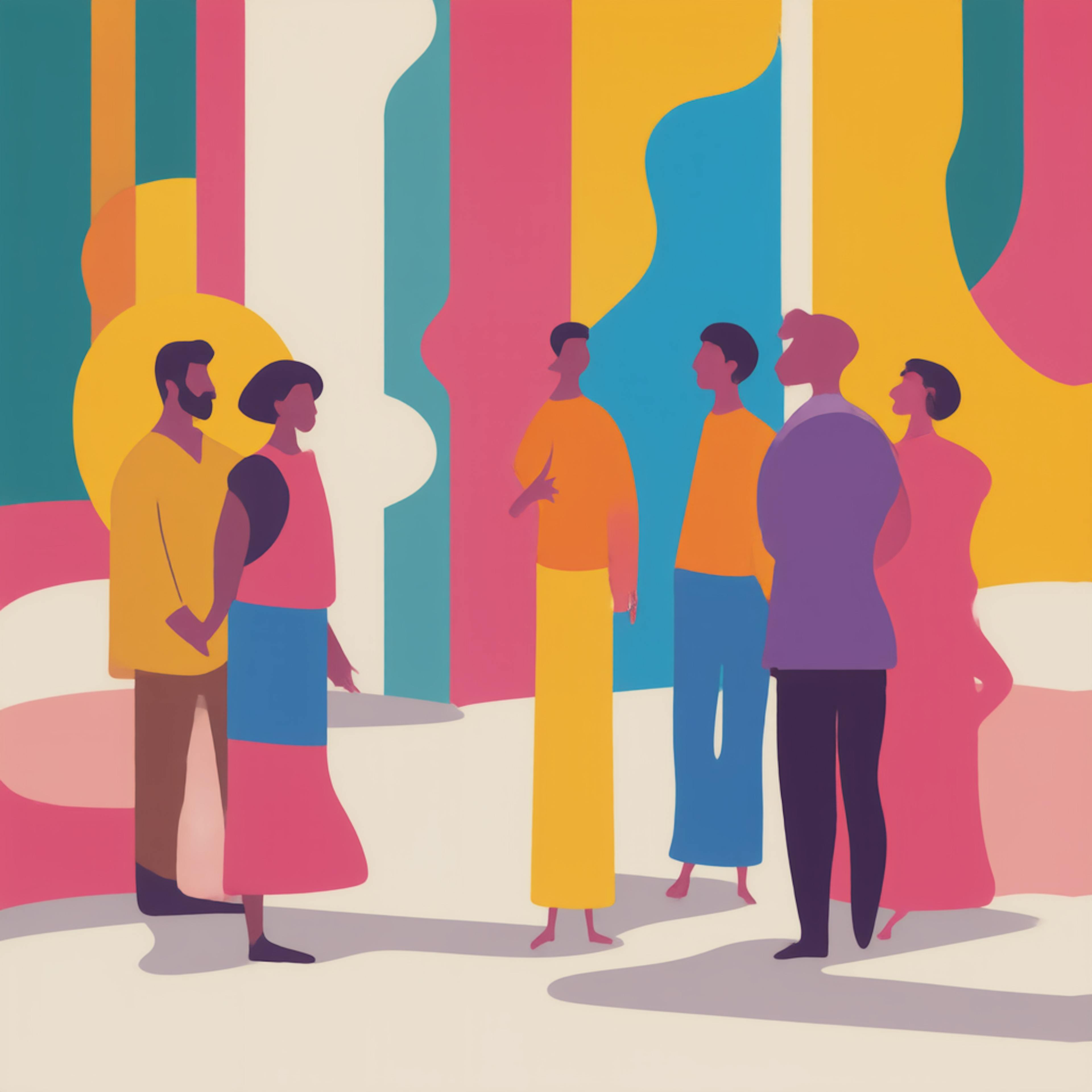 An abstract and modern illustration of a diverse group of people engaging in conversation, surrounded by flowing, colorful shapes. The use of bold and expressive color palettes represents creative culture, emphasizing collaboration, artistic expression, and dynamic social interactions.