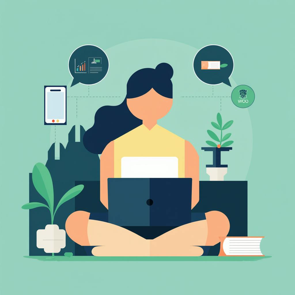 A minimalist and modern illustration of a woman sitting cross-legged with a laptop, surrounded by icons representing digital content, analytics, and branding. This visual represents content marketing examples such as blog writing, social media engagement, and SEO strategies for brand growth.