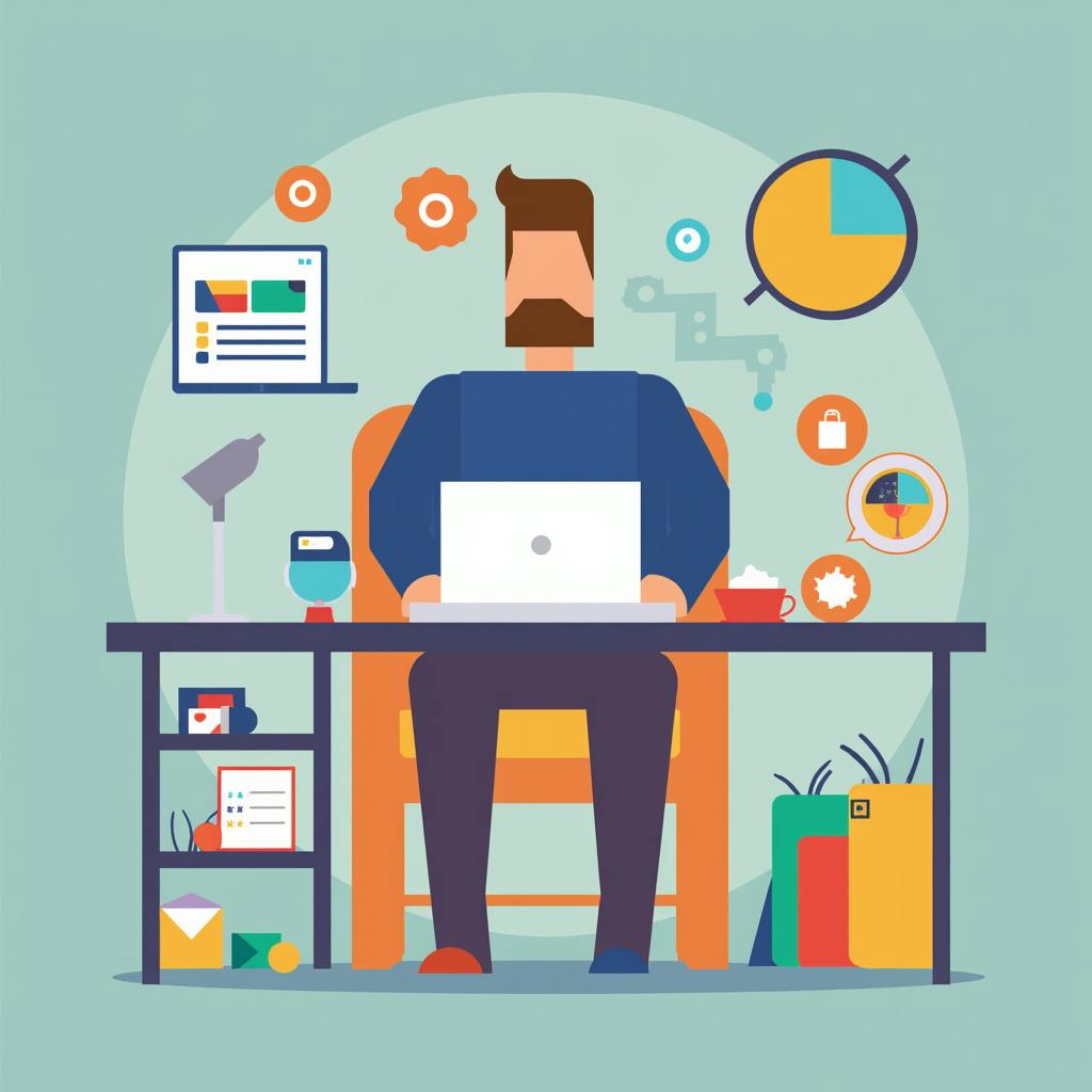 A colorful, flat-style illustration of a bearded man working on a laptop at a well-organized desk, surrounded by digital marketing icons like charts, graphs, and shopping bags. This image highlights content marketing examples including data-driven marketing, e-commerce strategies, and business content creation.