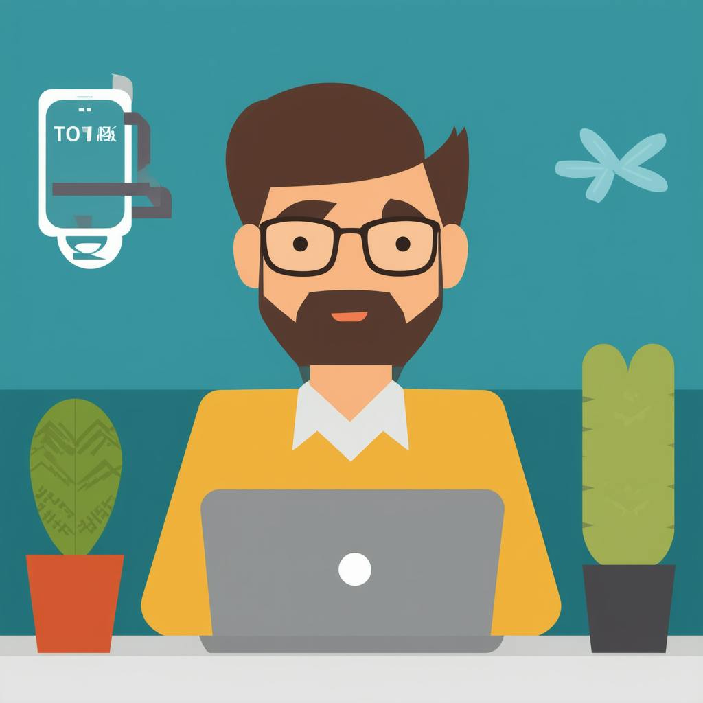 A stylized digital illustration of a smiling man with glasses working on his laptop, flanked by plants, with a mobile device displaying analytics. The scene represents content marketing examples like email marketing, mobile-friendly content, and personalized customer engagement.