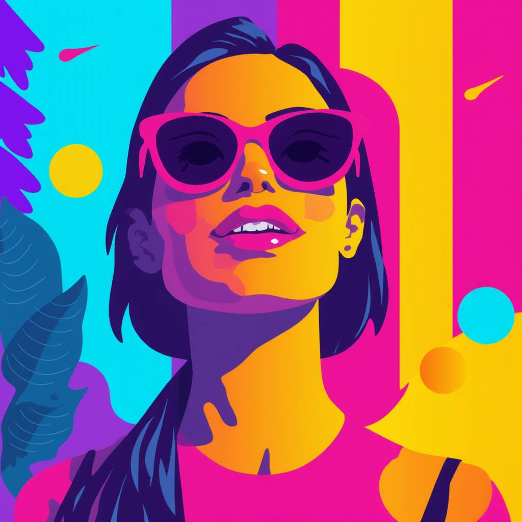 A bold and vibrant digital portrait of a woman wearing pink sunglasses, depicted in a pop-art style with neon hues of yellow, pink, and blue. The background features abstract shapes and gradients, representing the fusion of canvas and AI design, blending artistic creativity with advanced digital tools.