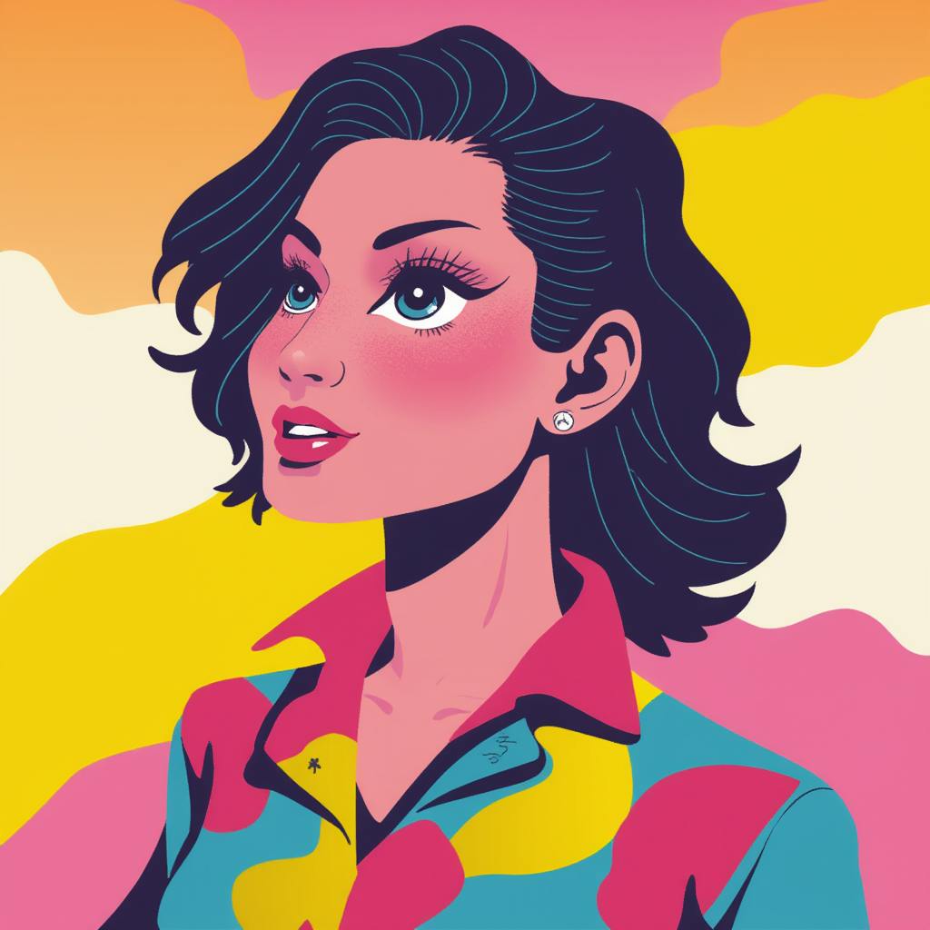 A modern, stylized illustration of a woman with short wavy hair, gazing upwards with a confident expression. She is wearing a colorful, abstract-patterned shirt against a pastel background with flowing organic shapes. This artwork exemplifies the possibilities of canvas and AI design, showcasing a mix of digital illustration techniques and AI-generated artistry.