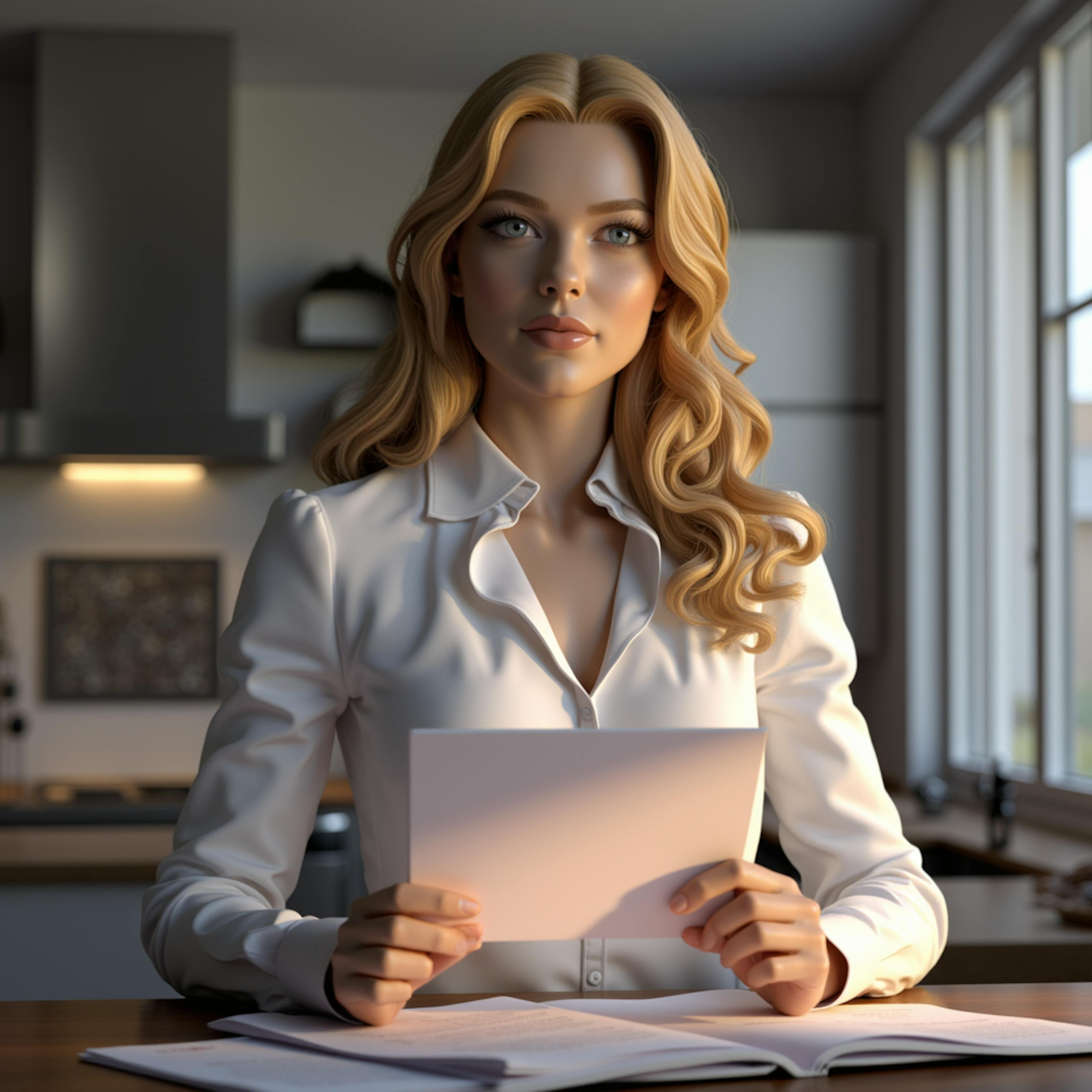 A highly detailed digital illustration of a professional woman with long blonde hair, sitting at a desk in a modern home office, holding a blank sheet of paper. The thoughtful expression and organized workspace highlight the use of business idea AI prompts for brainstorming, content creation, and strategic planning.