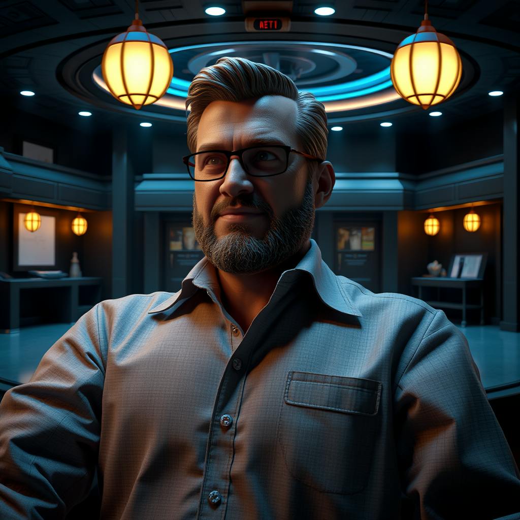 A realistic digital rendering of a confident businessman with glasses and a neatly groomed beard, seated in a futuristic office with ambient lighting. The setting exudes innovation and strategy, symbolizing the power of business idea AI prompts in generating creative solutions and enhancing decision-making.