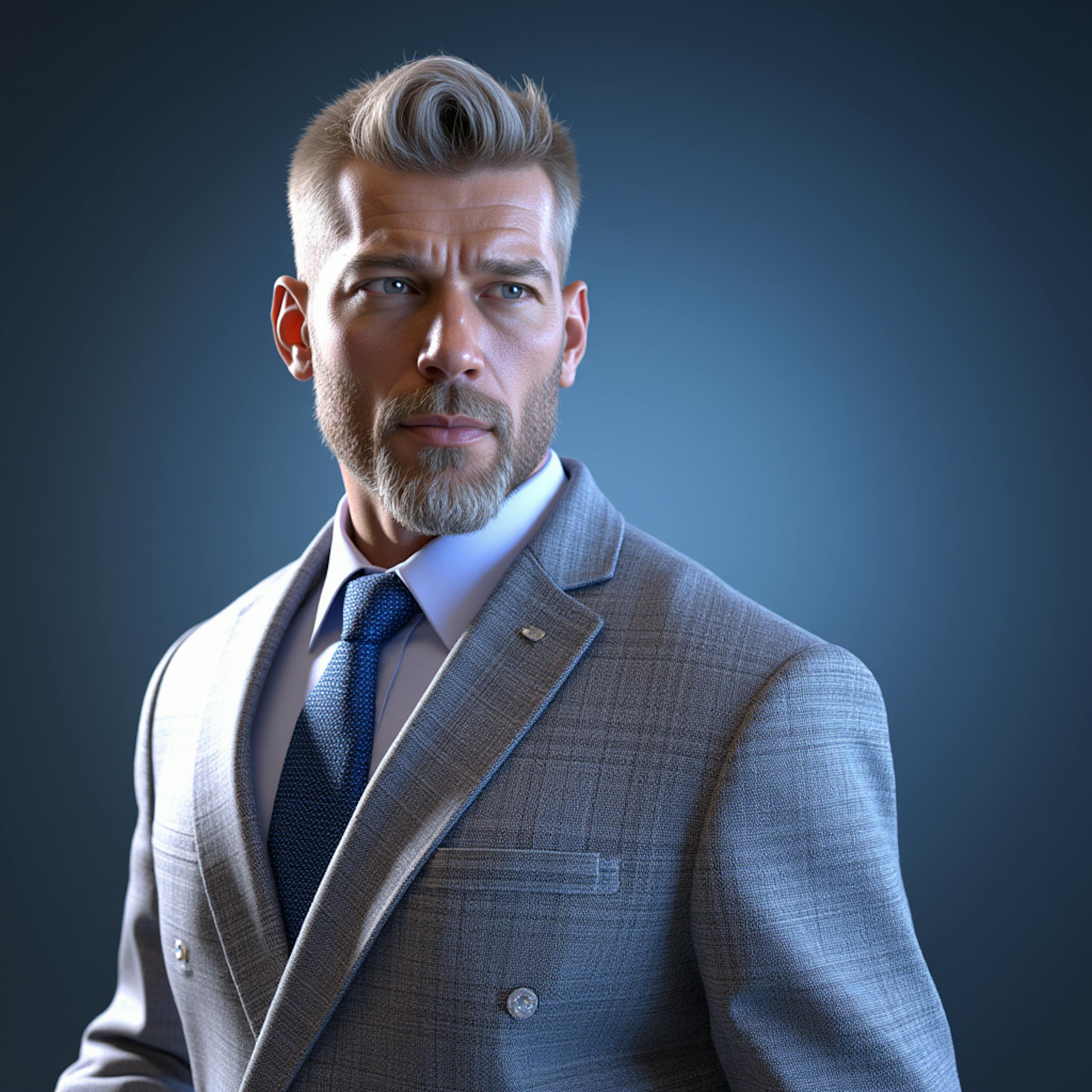 A highly detailed digital portrait of a confident man in a tailored gray suit, exuding professionalism and authority against a sleek blue background. The sharp attire and poised demeanor emphasize brand recognition, portraying a strong personal and corporate identity in a competitive market.