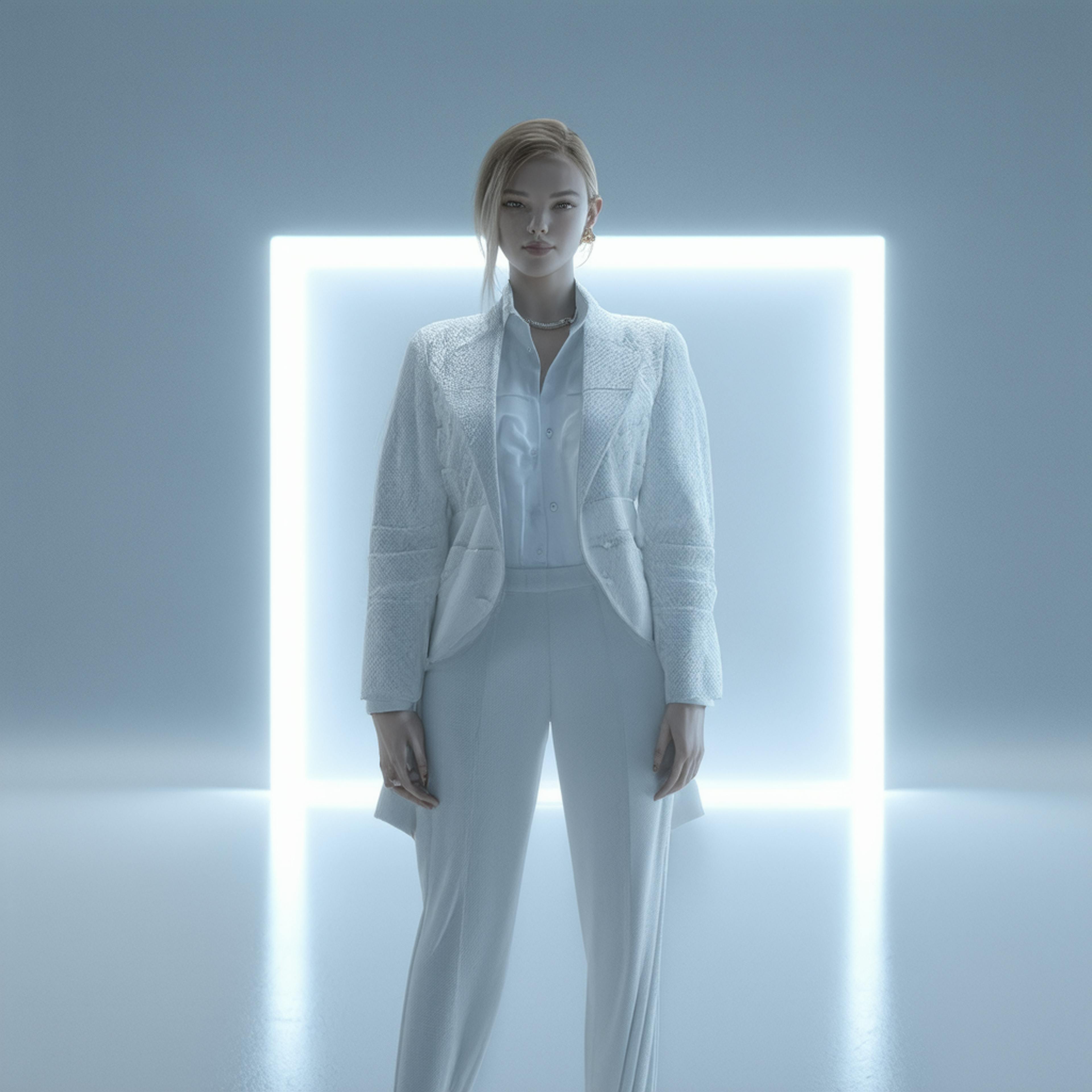 futuristic, elegant woman in an all-white suit stands in front of a glowing geometric light installation. Her modern and sophisticated presence highlights brand recognition, representing innovation, leadership, and a powerful visual identity in business and fashion.