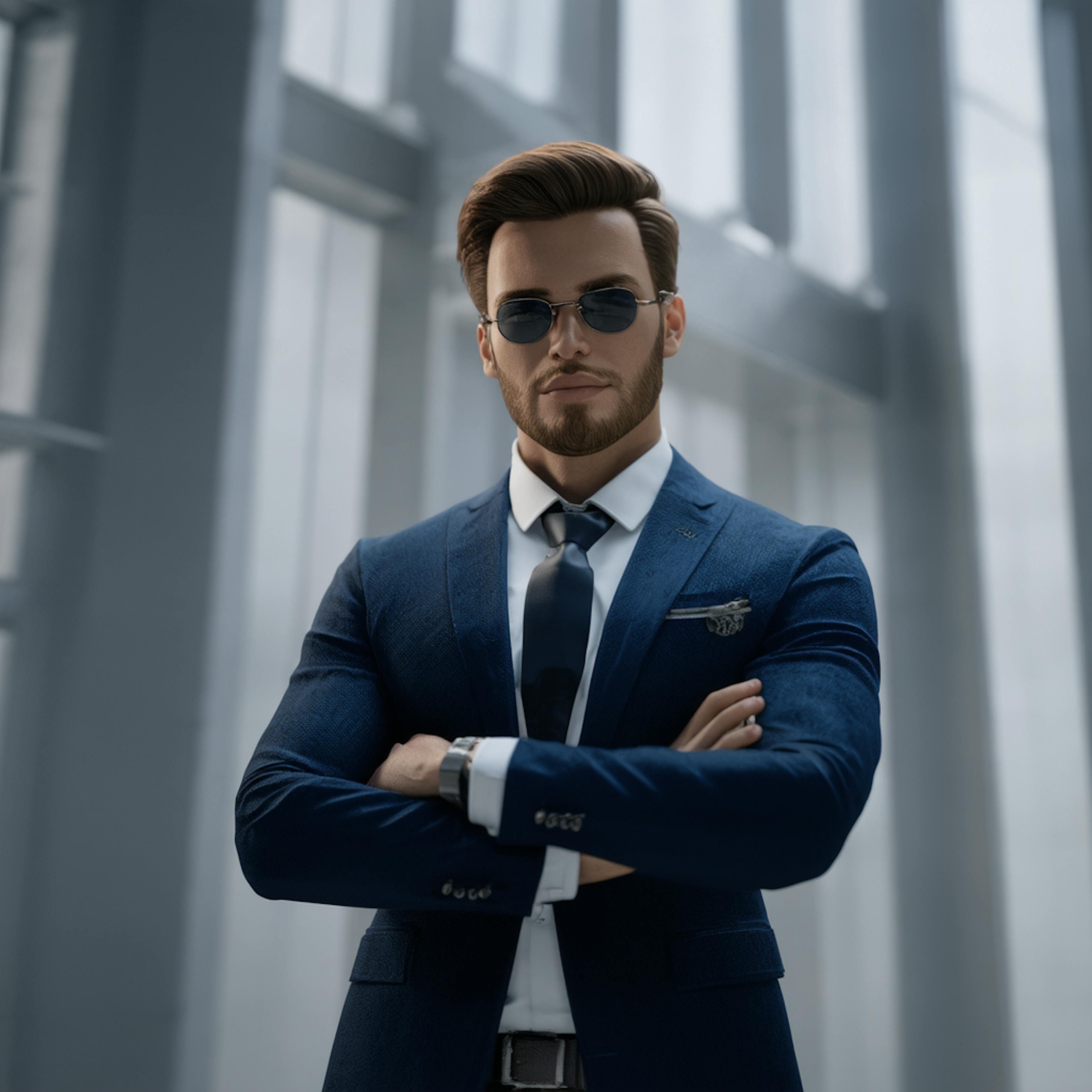 A sharply dressed man in a deep blue suit and sunglasses, standing in a high-rise office with arms crossed. His assertive posture and stylish outfit signify brand recognition, showcasing confidence, exclusivity, and the impact of a well-crafted personal brand in a professional setting.