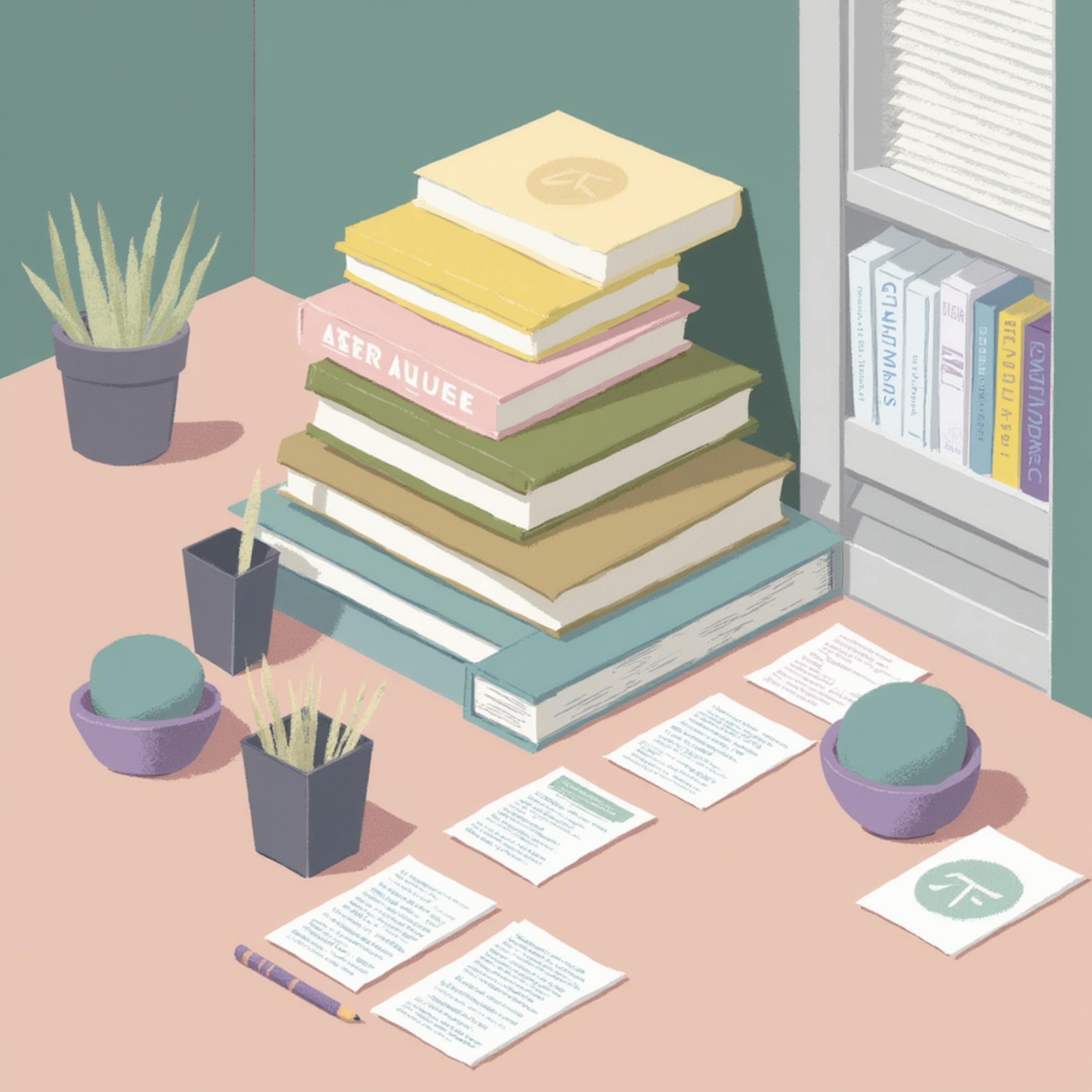 A pastel-toned illustration of a workspace featuring a neatly stacked pile of books, scattered notes, and small potted plants. The structured arrangement of printed materials and stationery represents brand guidelines examples, showcasing how businesses document typography, color schemes, and content layout for a cohesive identity.