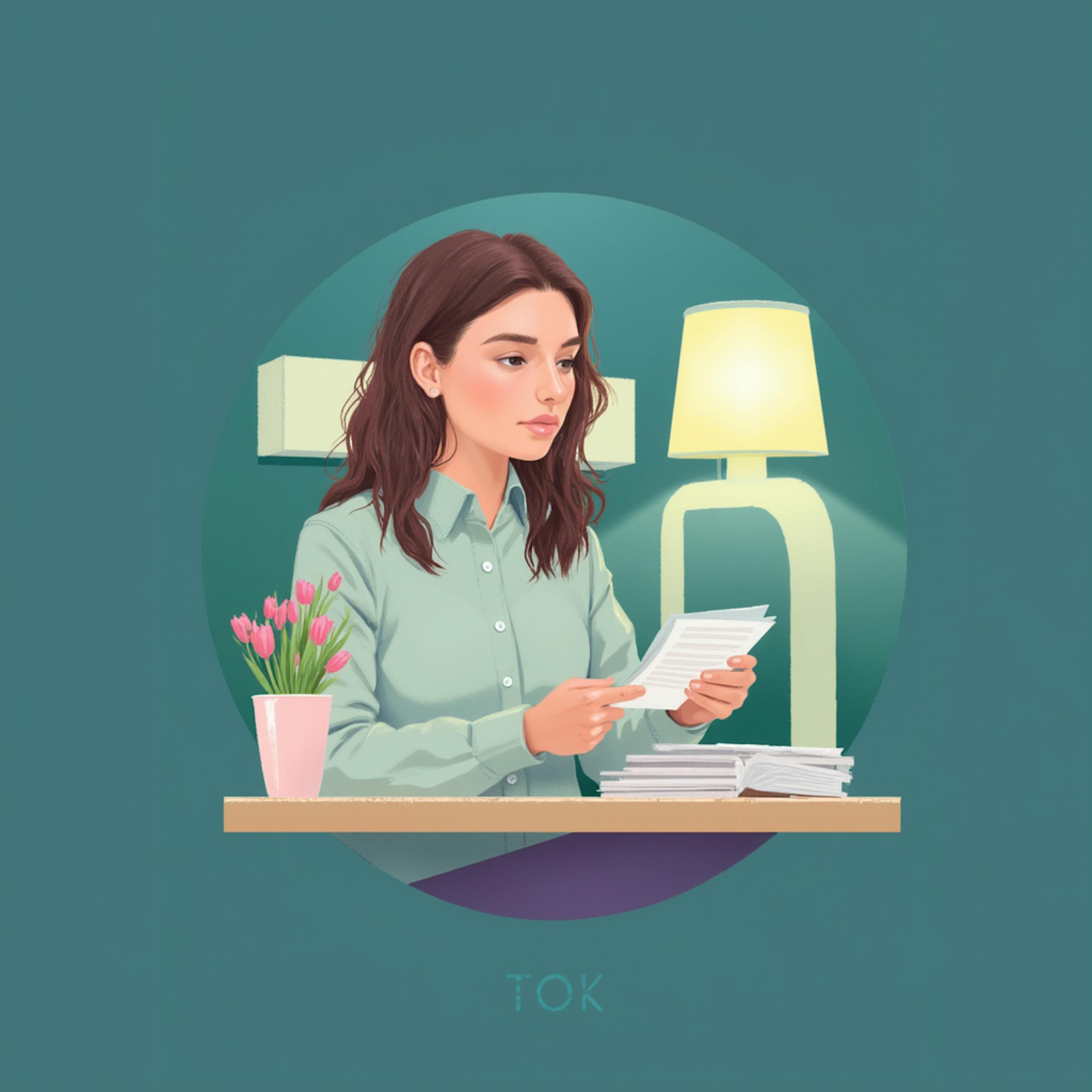 A digital illustration of a young woman in a teal shirt carefully reviewing a stack of documents at a neatly arranged desk. The modern and minimalist design reflects brand guidelines examples, emphasizing organization, consistency, and structured branding elements.