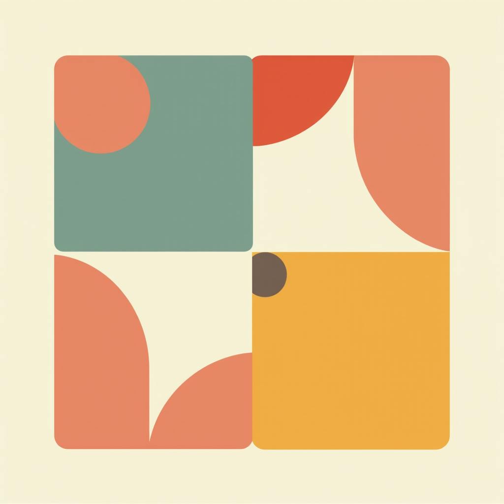 A minimalistic geometric composition featuring soft rounded squares and curved shapes in earthy tones of green, orange, and yellow. The clean, structured arrangement exemplifies bold graphic design styles, emphasizing simplicity, balance, and modern aesthetics.
