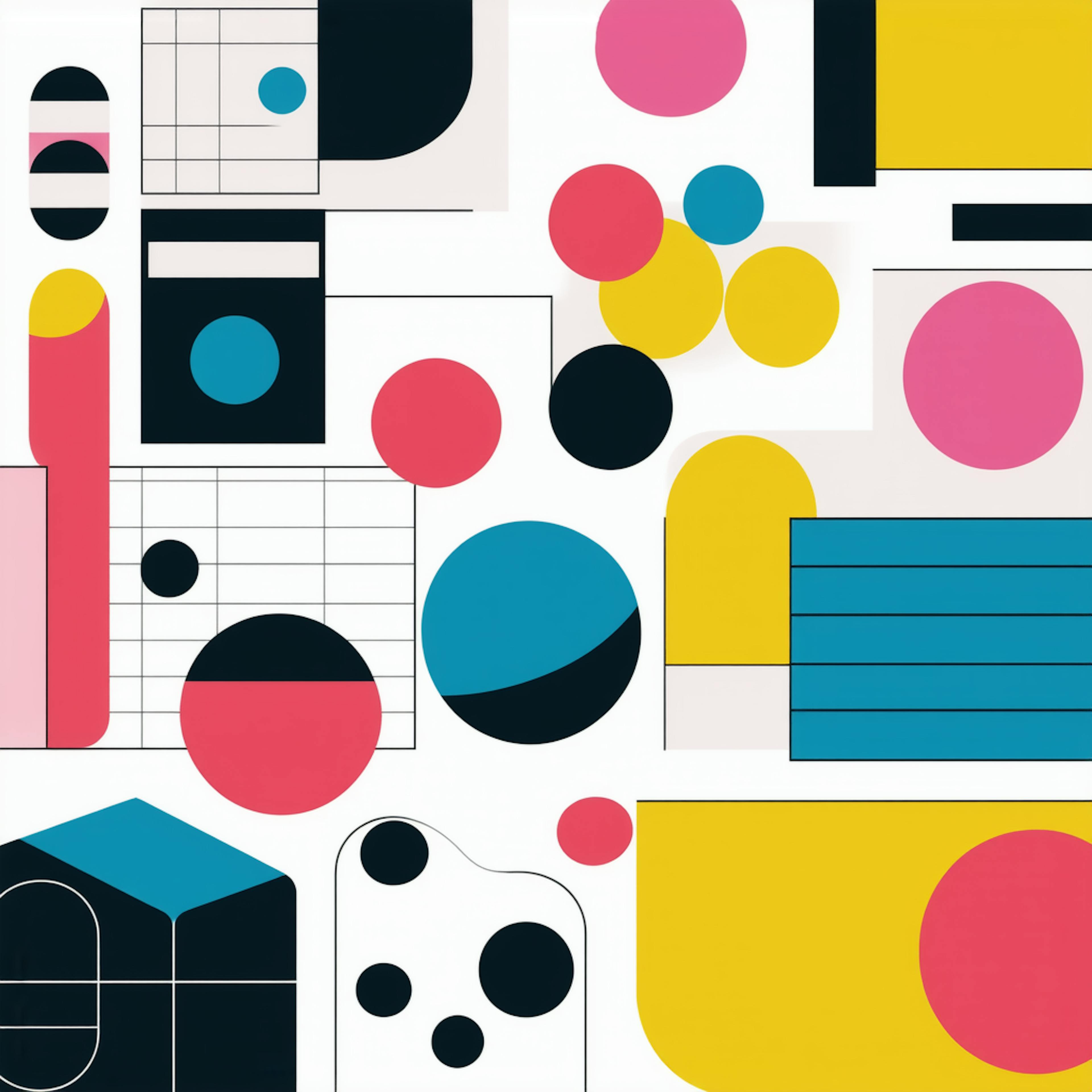 A vibrant, abstract grid of circles, rectangles, and various geometric shapes in striking colors of pink, blue, yellow, and black. The overlapping elements and high contrast showcase bold graphic design styles, highlighting dynamic patterns, modern typography, and experimental layout techniques.