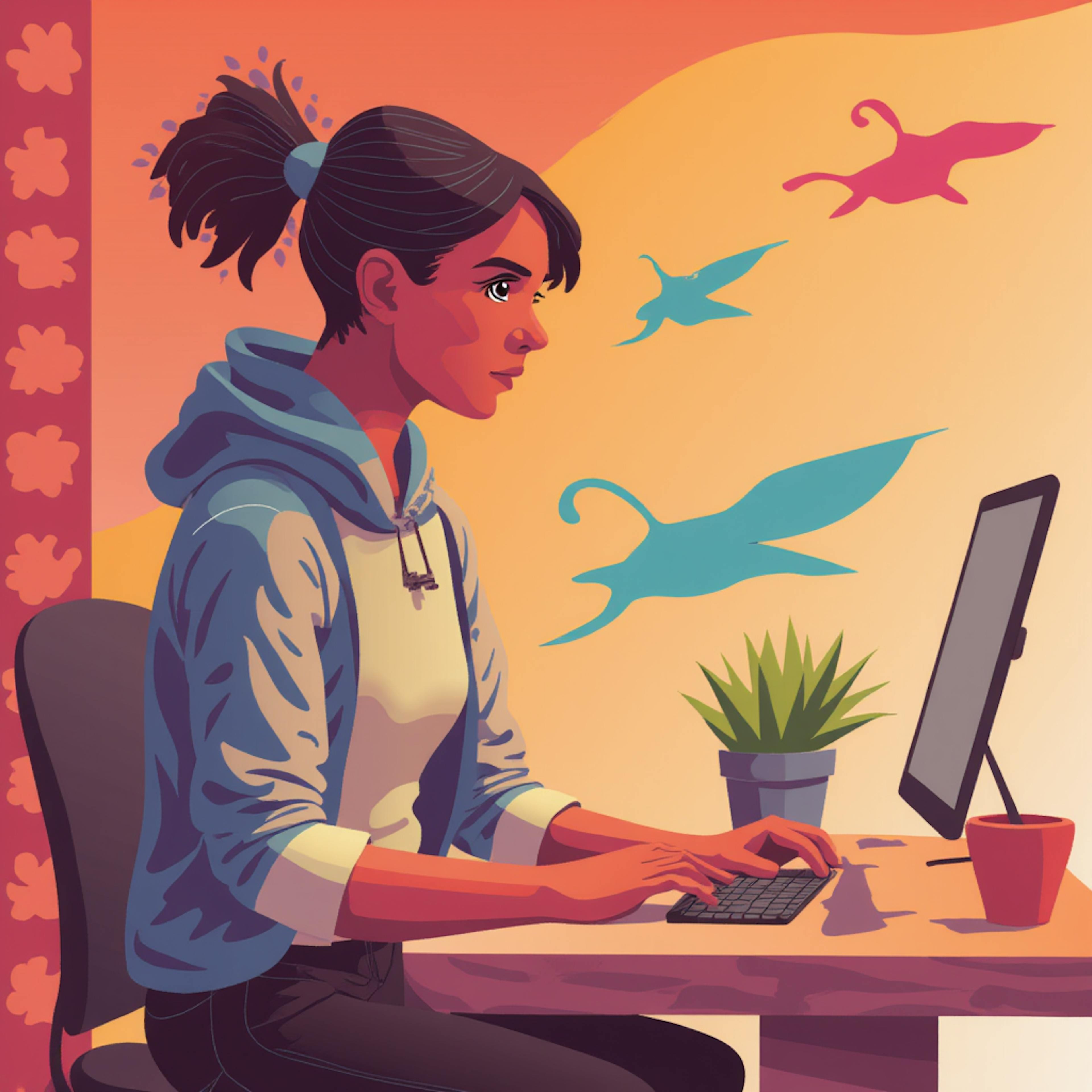 A stylized digital illustration of a young woman in a hoodie working on a computer at a warmly lit desk, with abstract, colorful bird-like shapes floating in the background. The smooth, flowing lines and soft color transitions create an inviting atmosphere, reflecting the aesthetic of best soft fonts, which emphasize readability, rounded edges, and a gentle, modern typographic style.