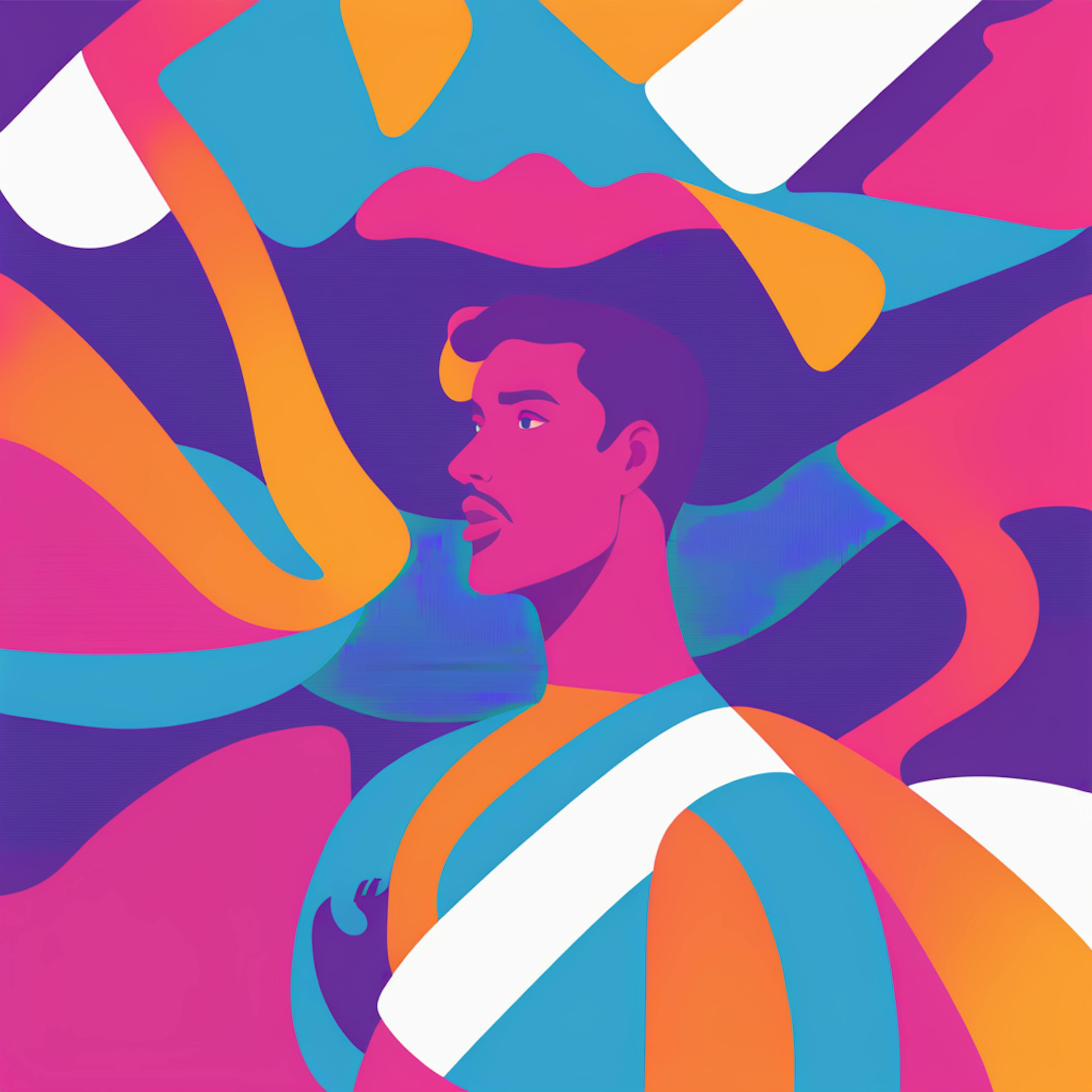 A vibrant digital illustration of a man in bold pink, blue, and orange tones, surrounded by abstract flowing shapes. The dynamic composition and expressive color palette represent concept design services, emphasizing creativity, visual storytelling, and modern digital artistry.