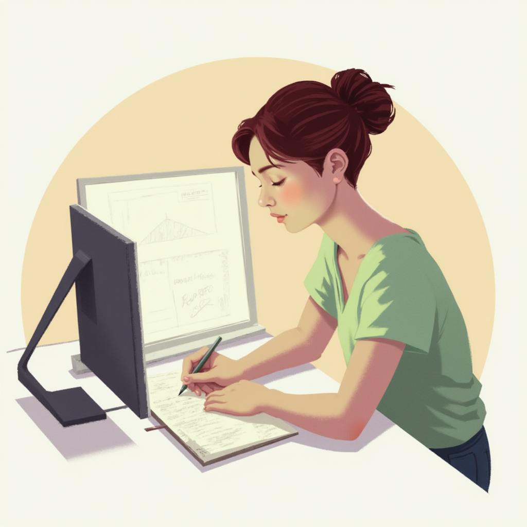 A concept artist sketches in a notebook while referencing designs on a computer monitor. Focused and intent, she works in a minimalist space, demonstrating what concept artists do: translating ideas into detailed drawings that lay the groundwork for visual storytelling in various media.