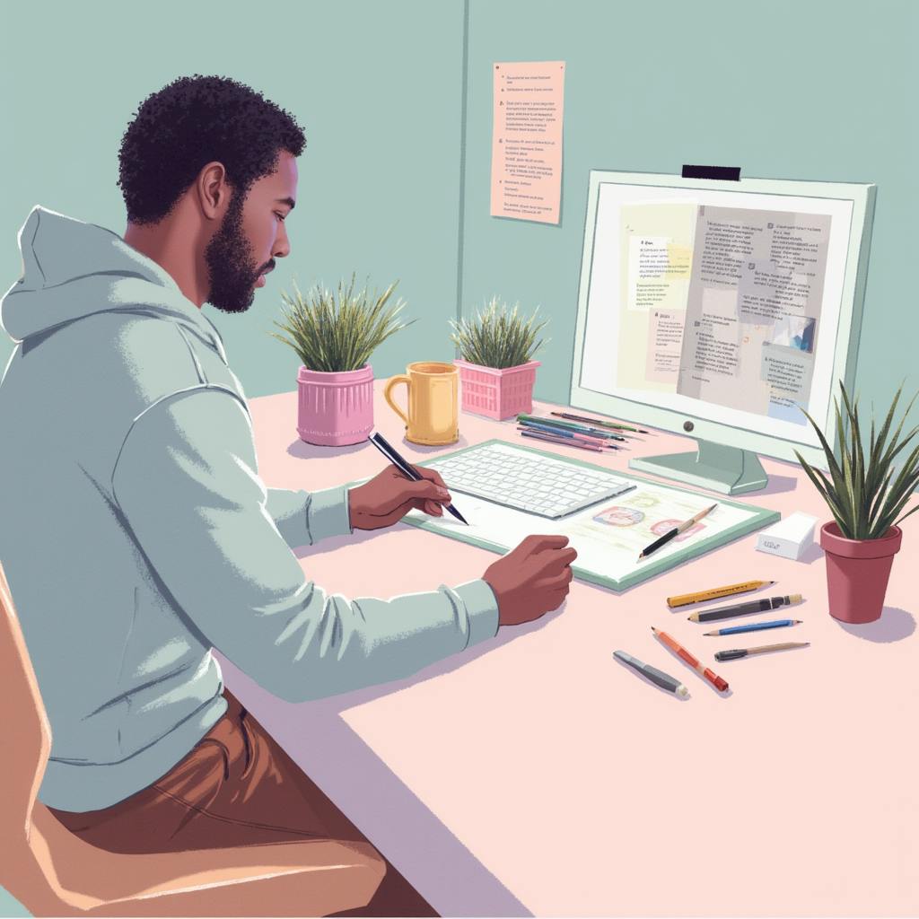 A concept artist sits at a pastel-colored desk, using a digital pen to design ideas on a tablet alongside a computer displaying visual references and notes. Surrounded by sketching tools and potted plants, the workspace highlights the creative process involved in what concept artists do—brainstorming and refining visual concepts for stories, games, or films.