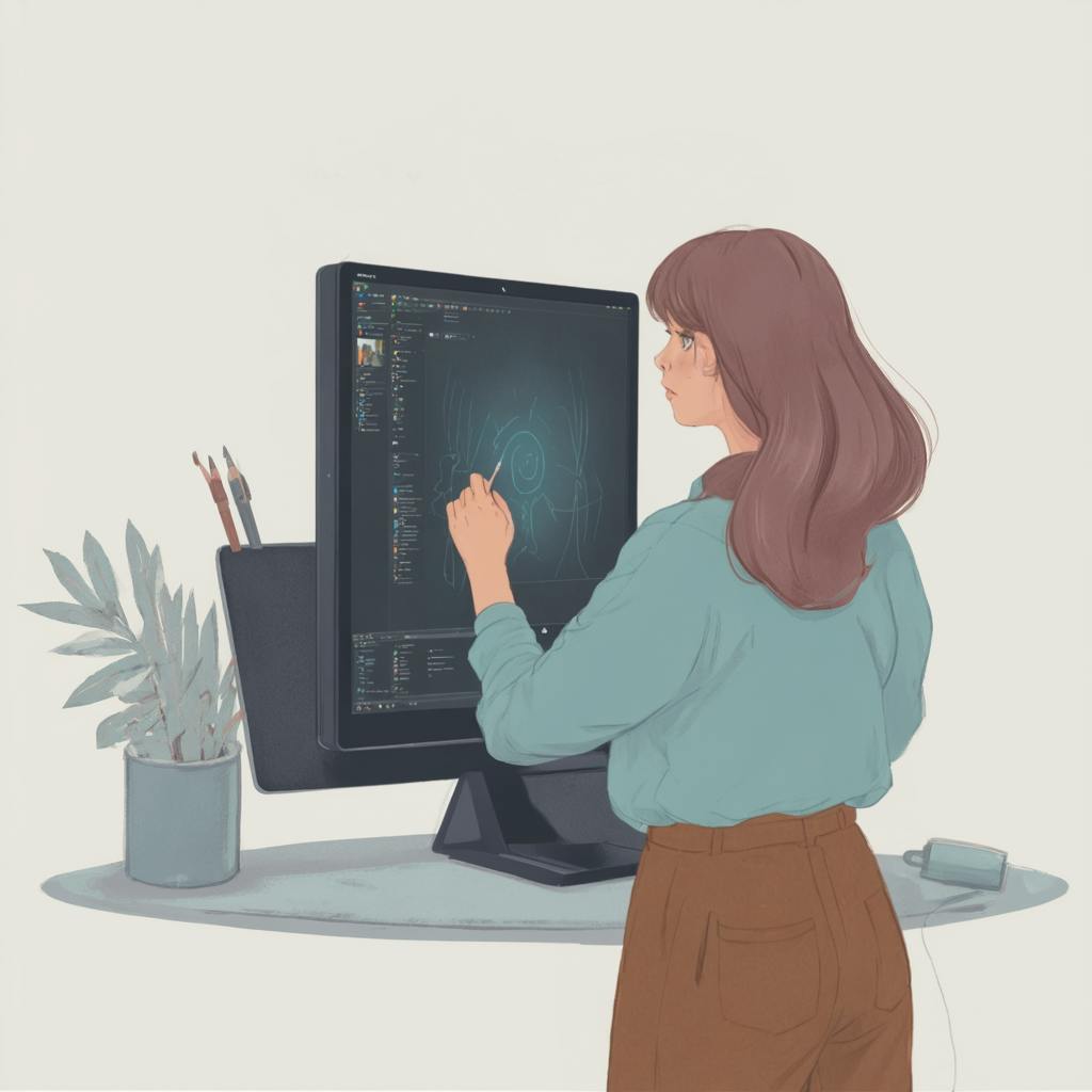 A concept artist works at a large digital drawing tablet, sketching an imaginative character design with a stylus. The workspace includes art supplies like brushes and a potted plant, emphasizing a creative environment. This scene illustrates what concept artists do as they develop visual ideas and bring fictional worlds to life through digital illustration.