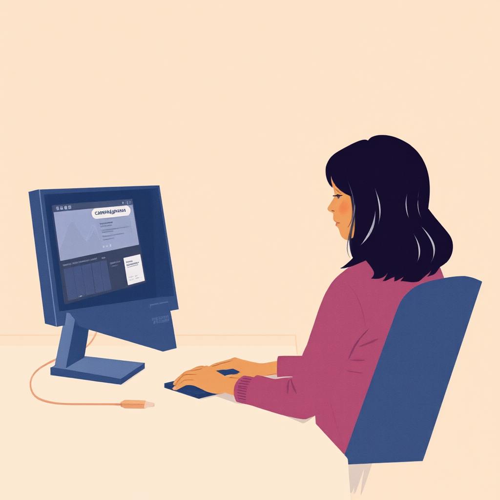 A campaign manager sits at a desk, focused on a computer screen displaying campaign analytics and strategy tools. This illustration represents what campaign managers do as they analyze data, track campaign performance, and make informed decisions to improve outreach and engagement.