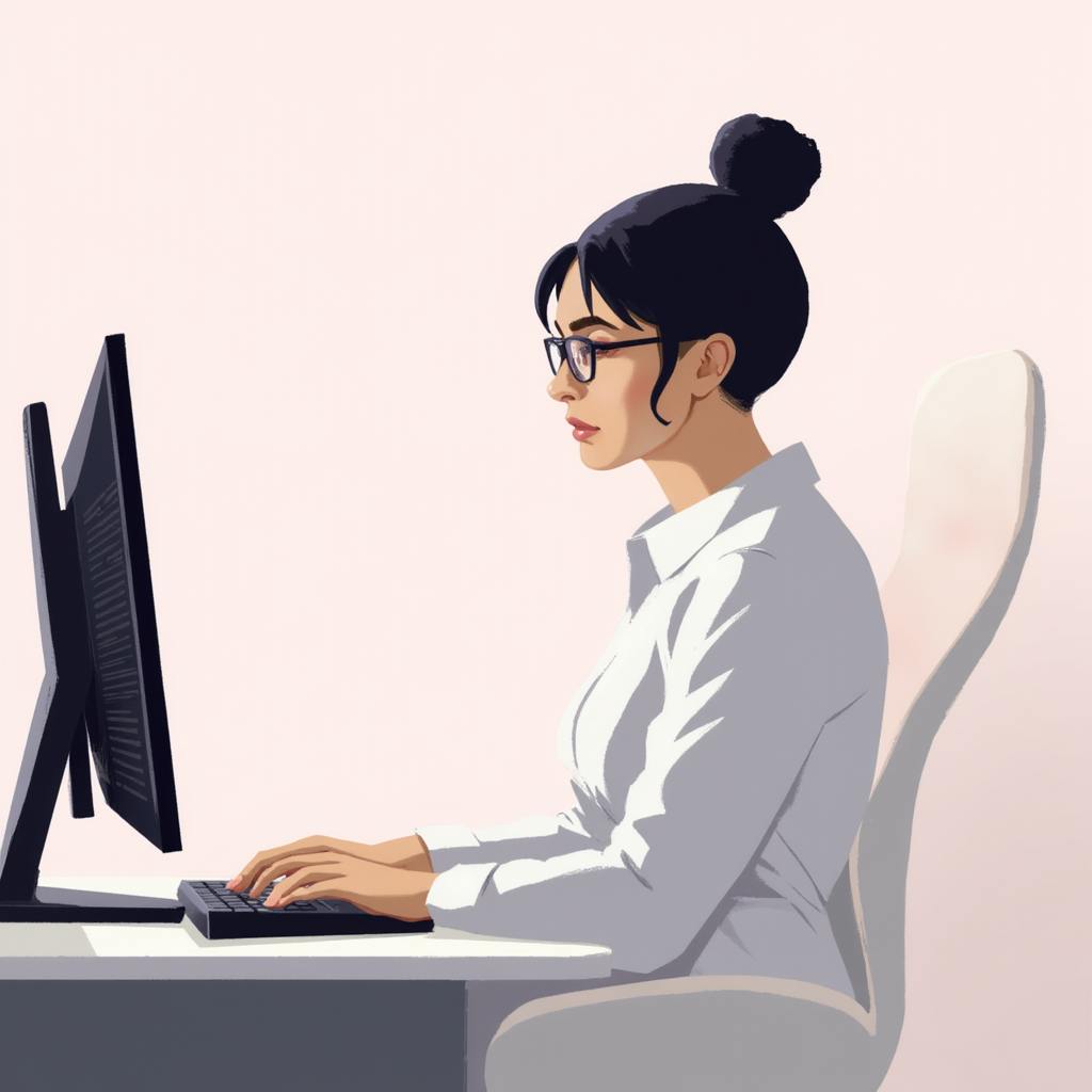 A campaign manager in professional attire types on a keyboard while reviewing data on dual monitors. This workspace scene captures what campaign managers do, including overseeing campaign operations, managing staff, and analyzing data to optimize campaign outcomes.