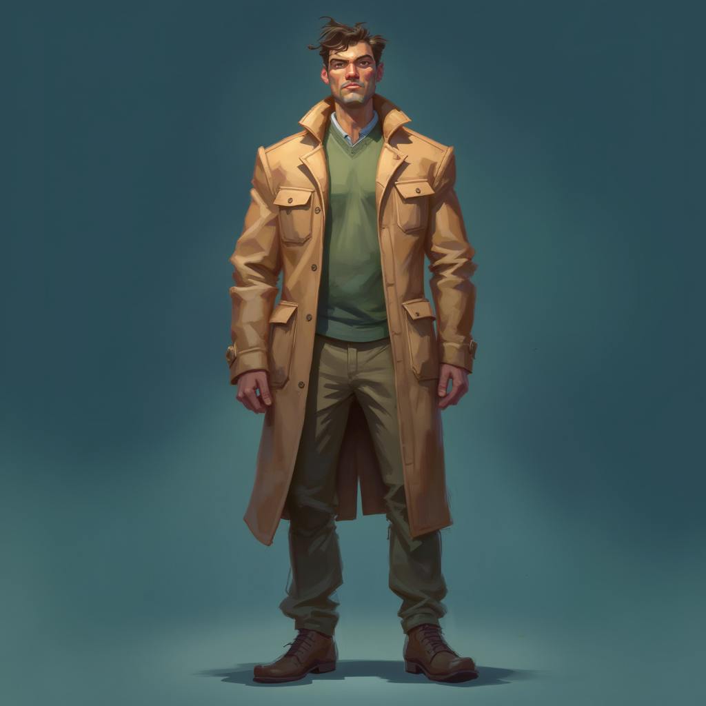 A dynamic full-body character illustration of a man in a long tan trench coat, green sweater, and brown boots, standing confidently against a dark blue background. This image reflects the polished, cinematic character designs that well known concept artists produce for movies, video games, and graphic novels.