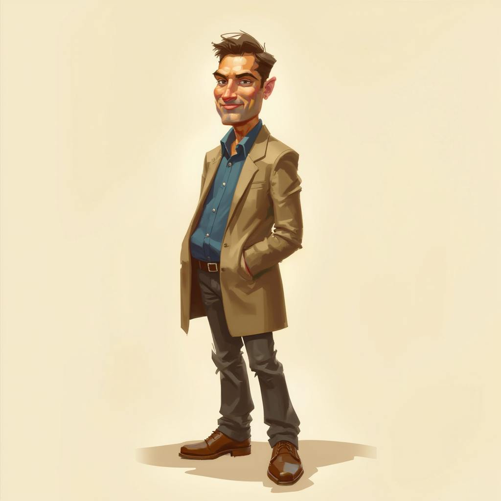 A stylized digital illustration of a confident man with neatly styled hair, wearing a tan overcoat, dark trousers, and brown shoes. This character design showcases the kind of distinctive, expressive style often created by well known concept artists in the entertainment and gaming industries.