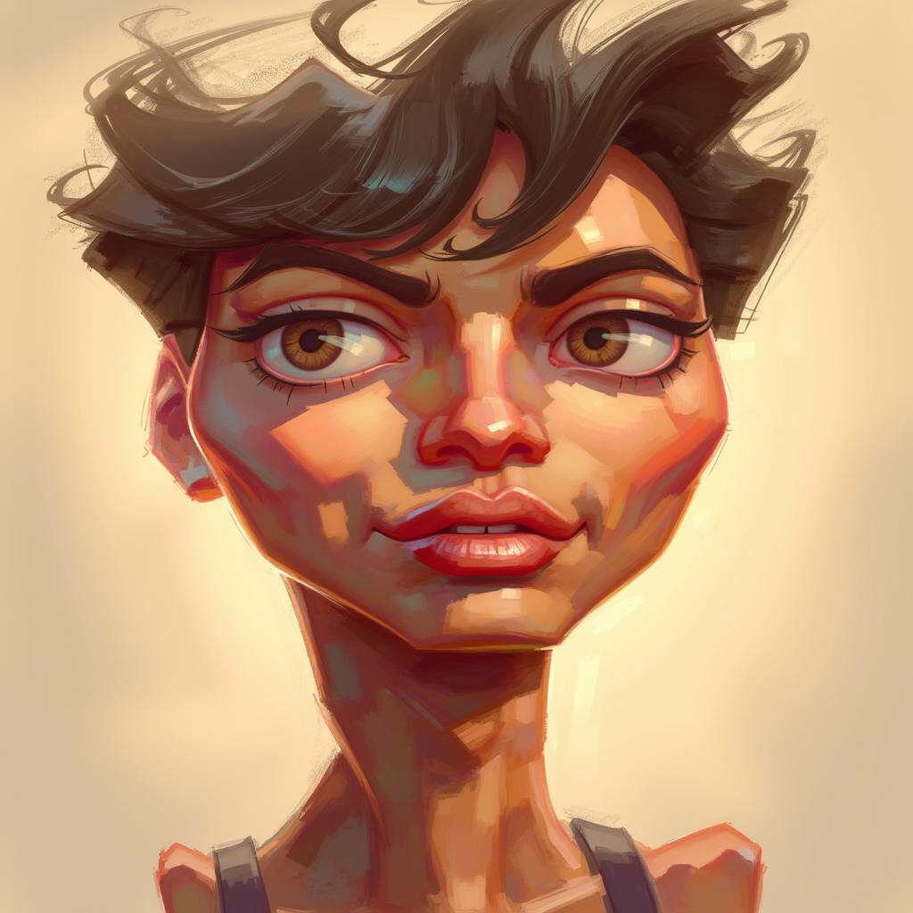 A highly detailed digital painting of a woman with short, tousled dark hair, large expressive eyes, and a strong jawline. The exaggerated features and painterly texture demonstrate the unique and imaginative approach that well known concept artists use to develop memorable characters for animation and film.