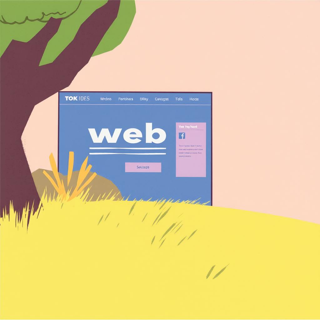 A playful illustration showing a computer screen labeled "web" set outdoors in a grassy area, next to a tree. The display represents a simplified website homepage content layout, highlighting navigation menus and featured text elements designed to engage users upon landing on the site.