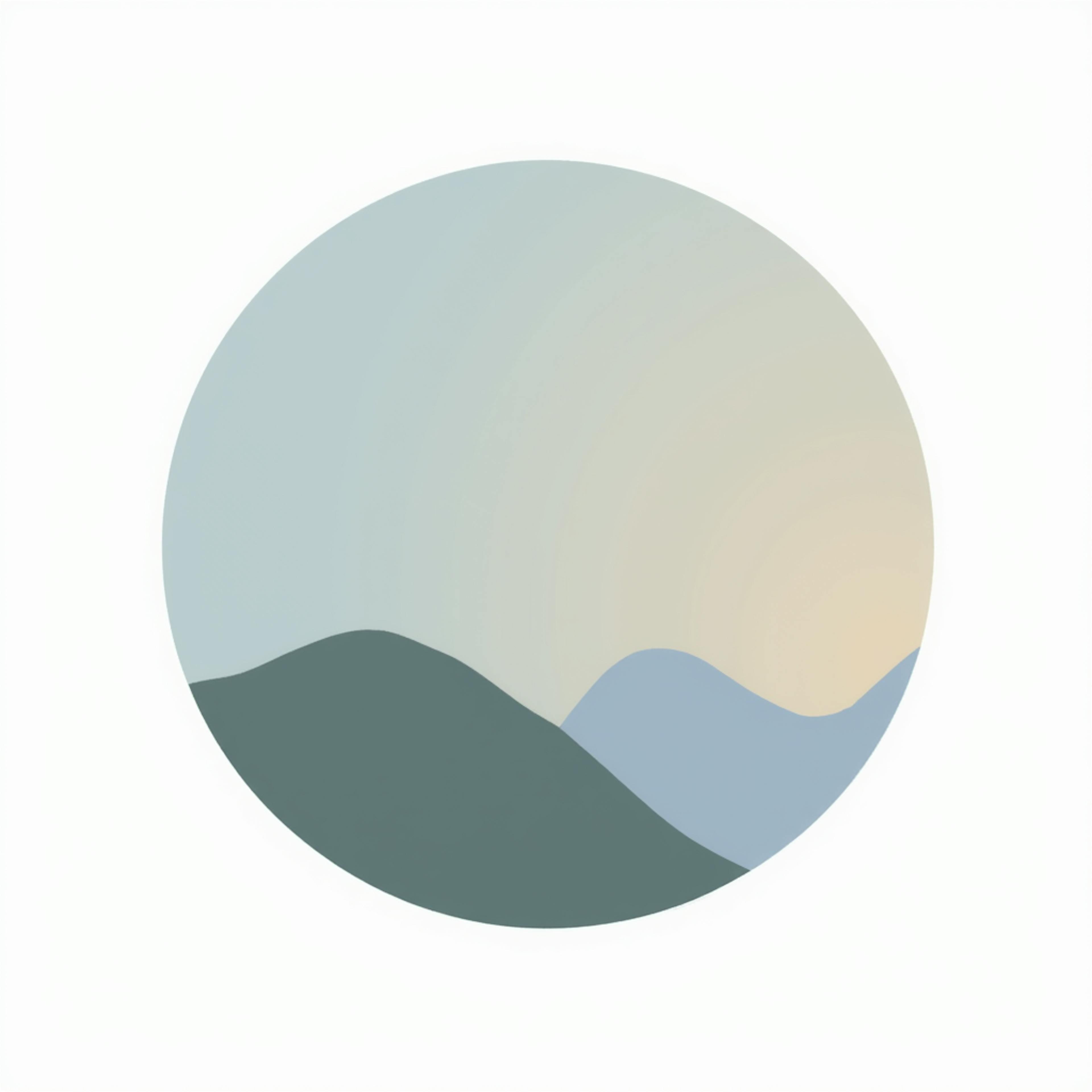 Clean, circular landscape illustration with soft gradients of blue and green hills under a subtle sunrise, reflecting the modern and professional aesthetic achievable with the best logo maker.