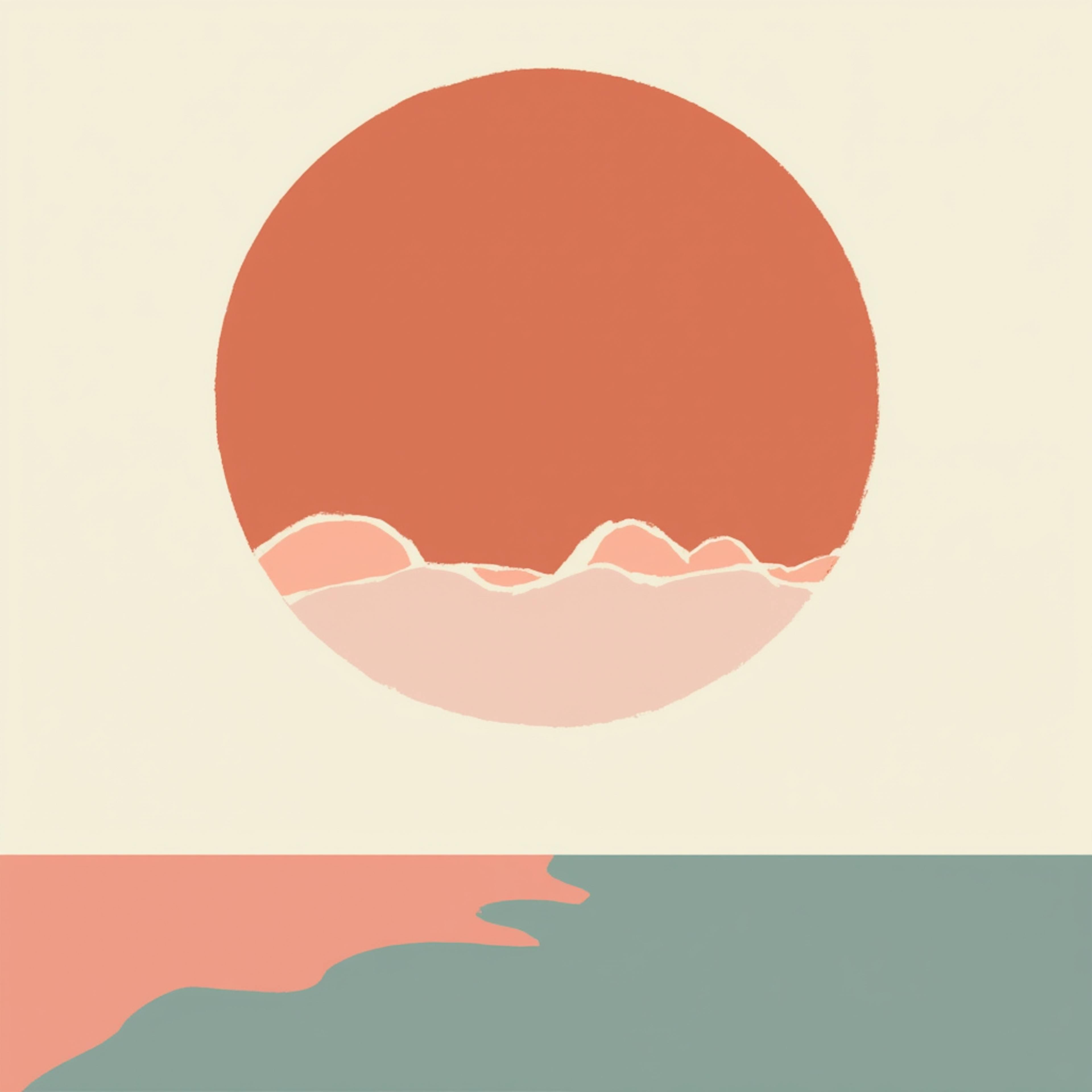 Minimalist abstract design featuring a large terracotta sun setting over soft pink mountains, with muted tones and simple shapes—an inspiring concept for creatives exploring the best logo maker tools.