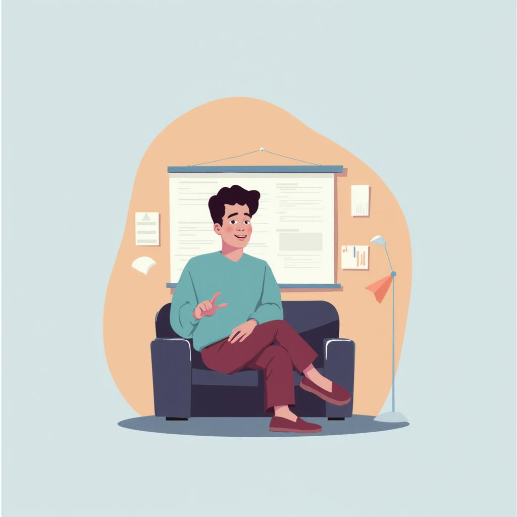 Illustration of a man sitting comfortably on a sofa, gesturing as he presents ideas with charts and notes pinned behind him—an example of how the best AI presentation maker can help create engaging and professional visual aids effortlessly.