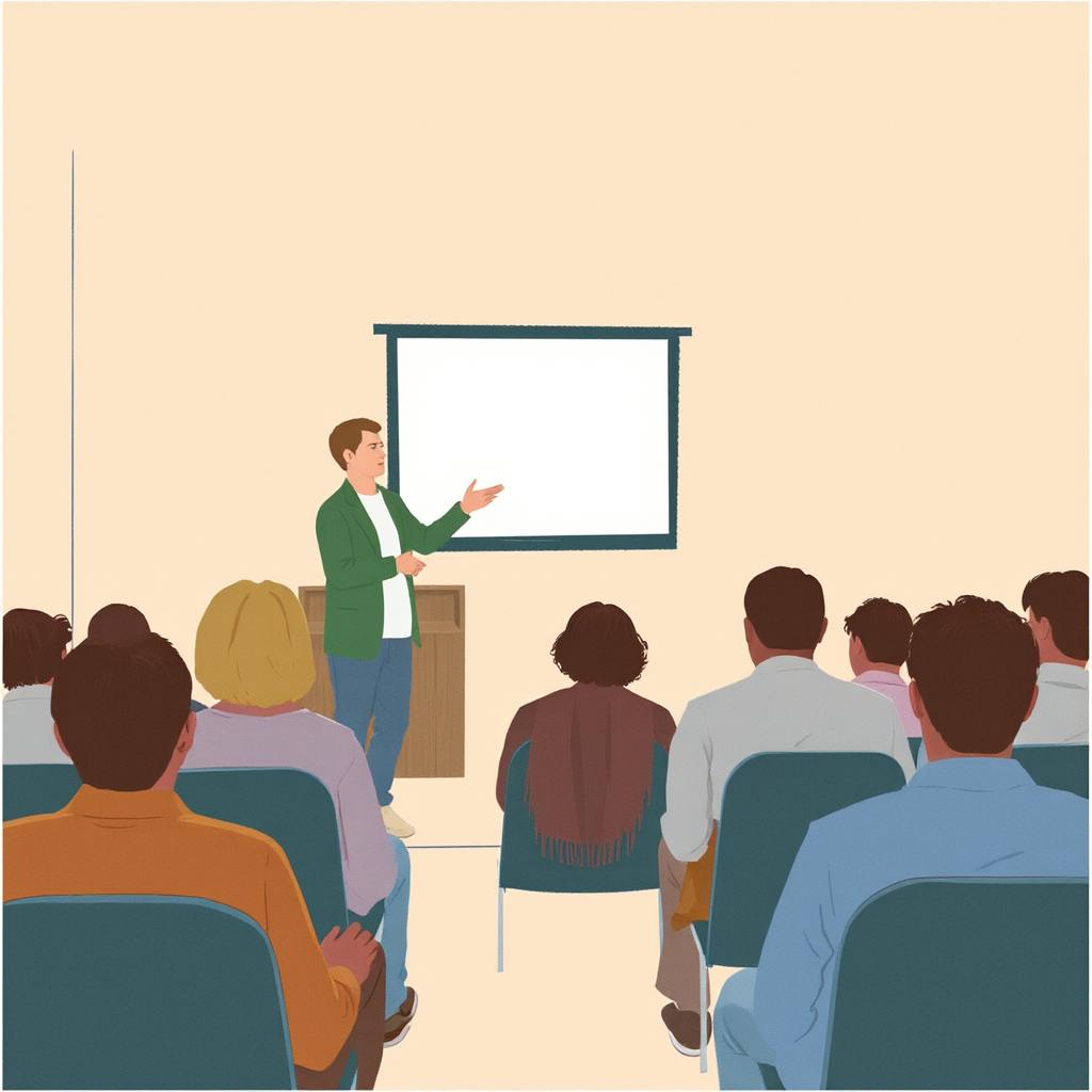 Illustration of a speaker giving a presentation to an attentive audience in front of a blank projector screen, showcasing how the best AI presentation maker can streamline the creation of impactful and well-organized slides for public speaking events.